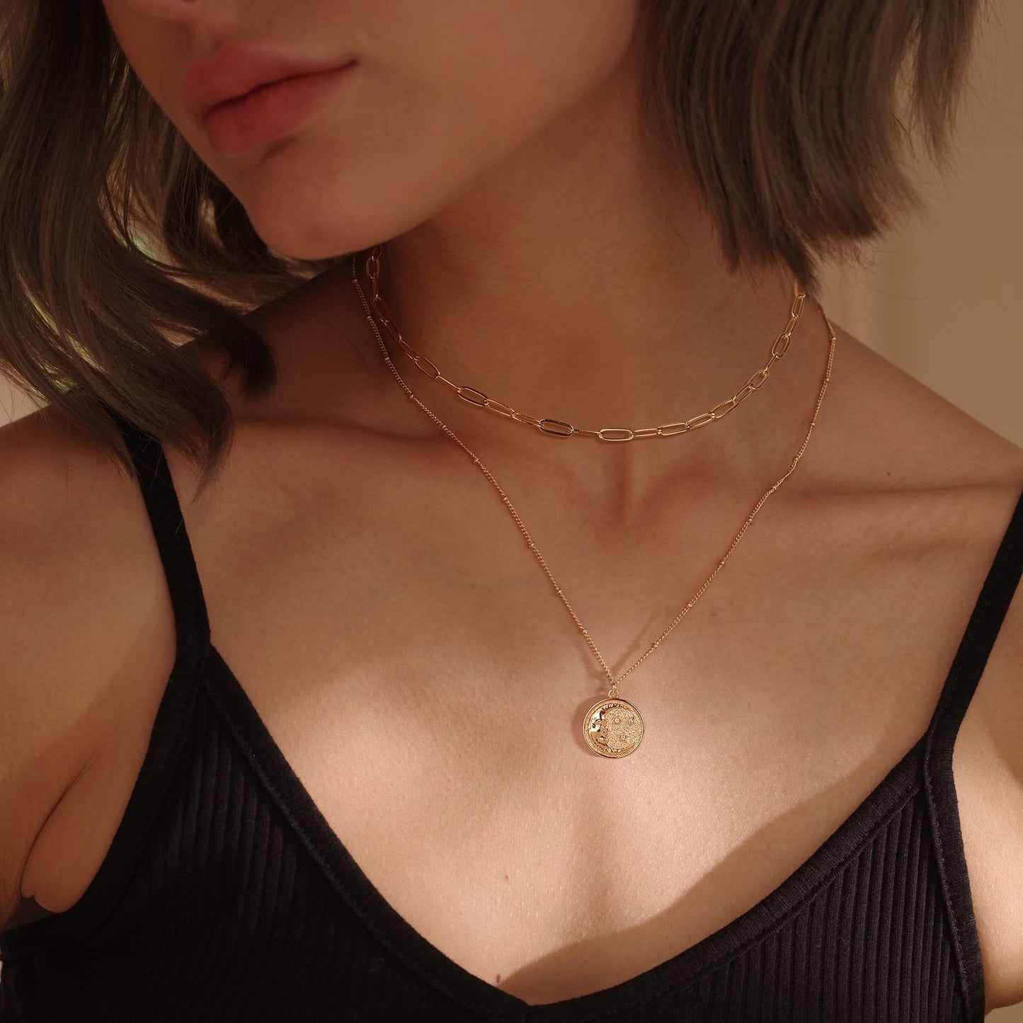 MEVECCO Gold Layered Choker Necklace for Women, 18K Gold Plated Dainty CZ Cresent Moon Pendant Minimalist Paperclip Double Layer Necklace for Jewelry