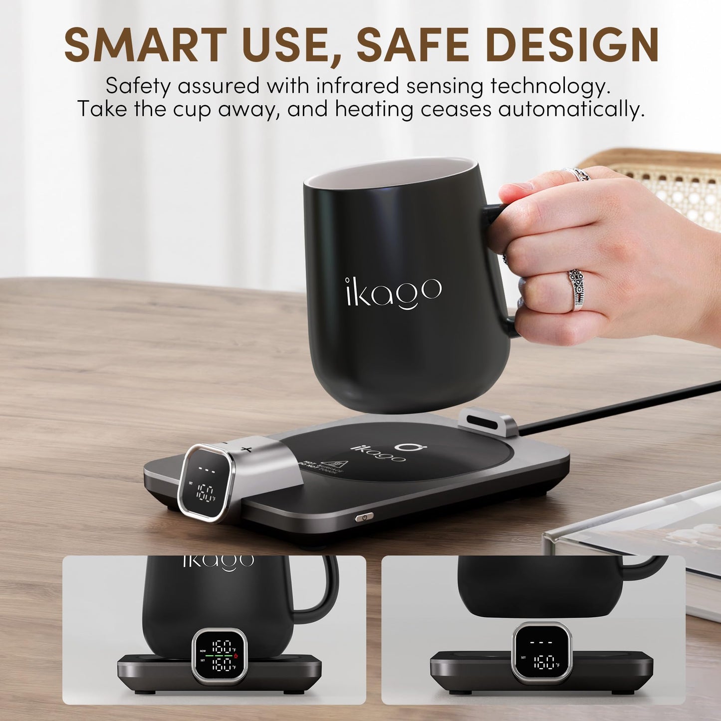 iKago Coffee Mug Warmer Set, Temperature Control Smart Heated Mug for Desk, Electric Coffee Warmer with Auto Shut Off & Real-Time Temp Display, Gifts for Men Women, 15oz, Black