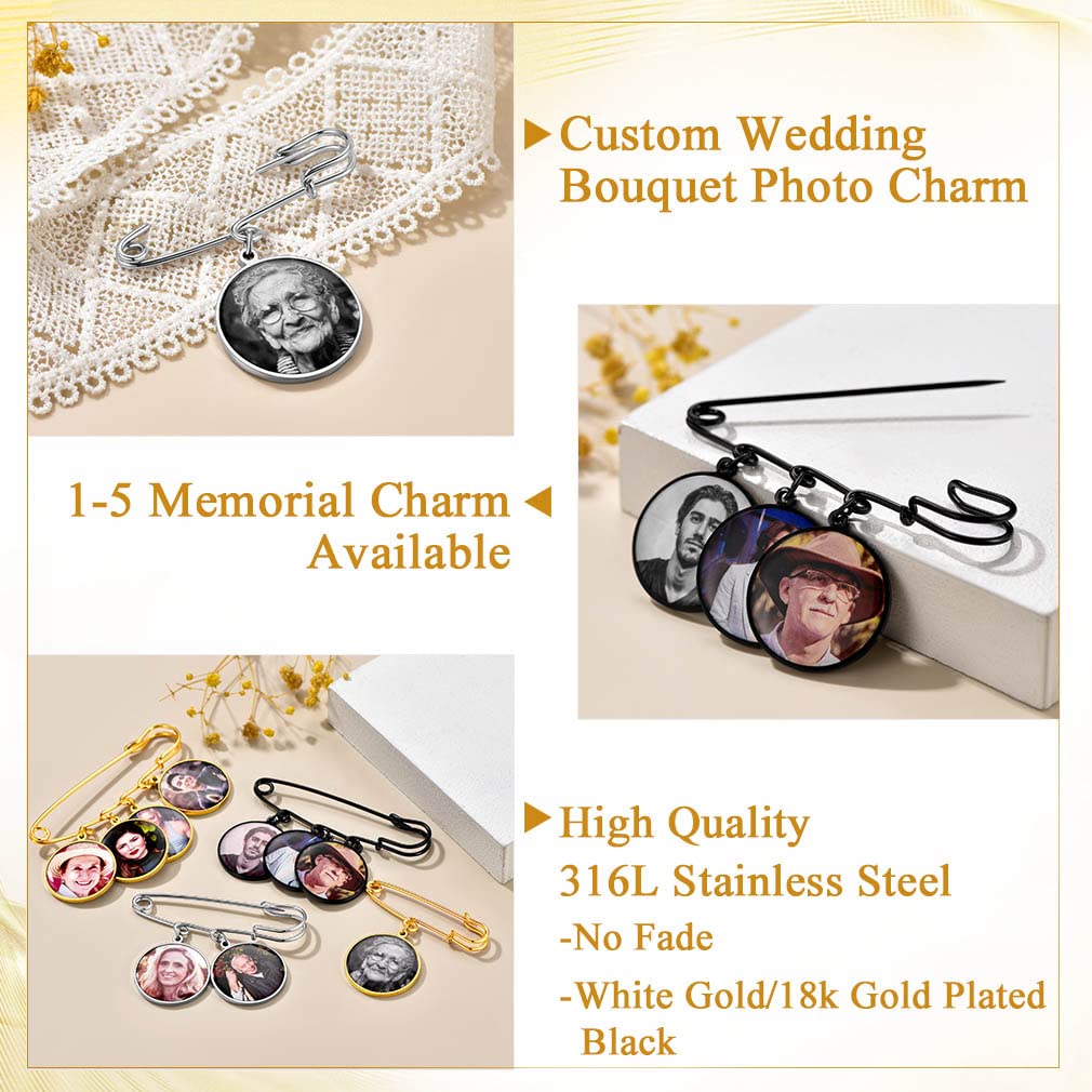 Custom4U Wedding Bouquet Charms Memorial Engraved with 4 Pictures Round Shaped Memory Photo Charm for Bride Groom Mother Father
