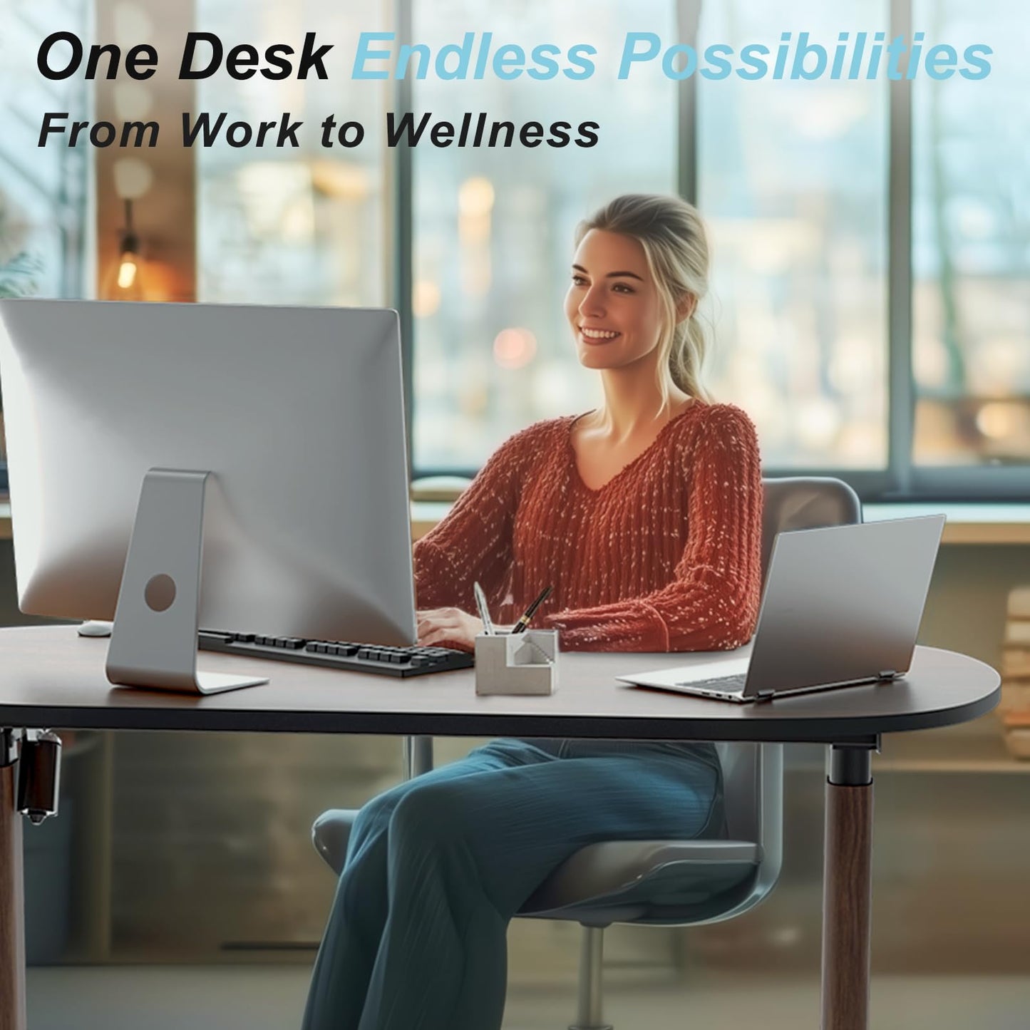 ERGO COLLECT Oval Leg Electric Standing Desk, 48x24 Inch Whole-Piece Oval Desktop, Height Adjustable Sit Stand Workstation for Home Office, Walnut (48x24)