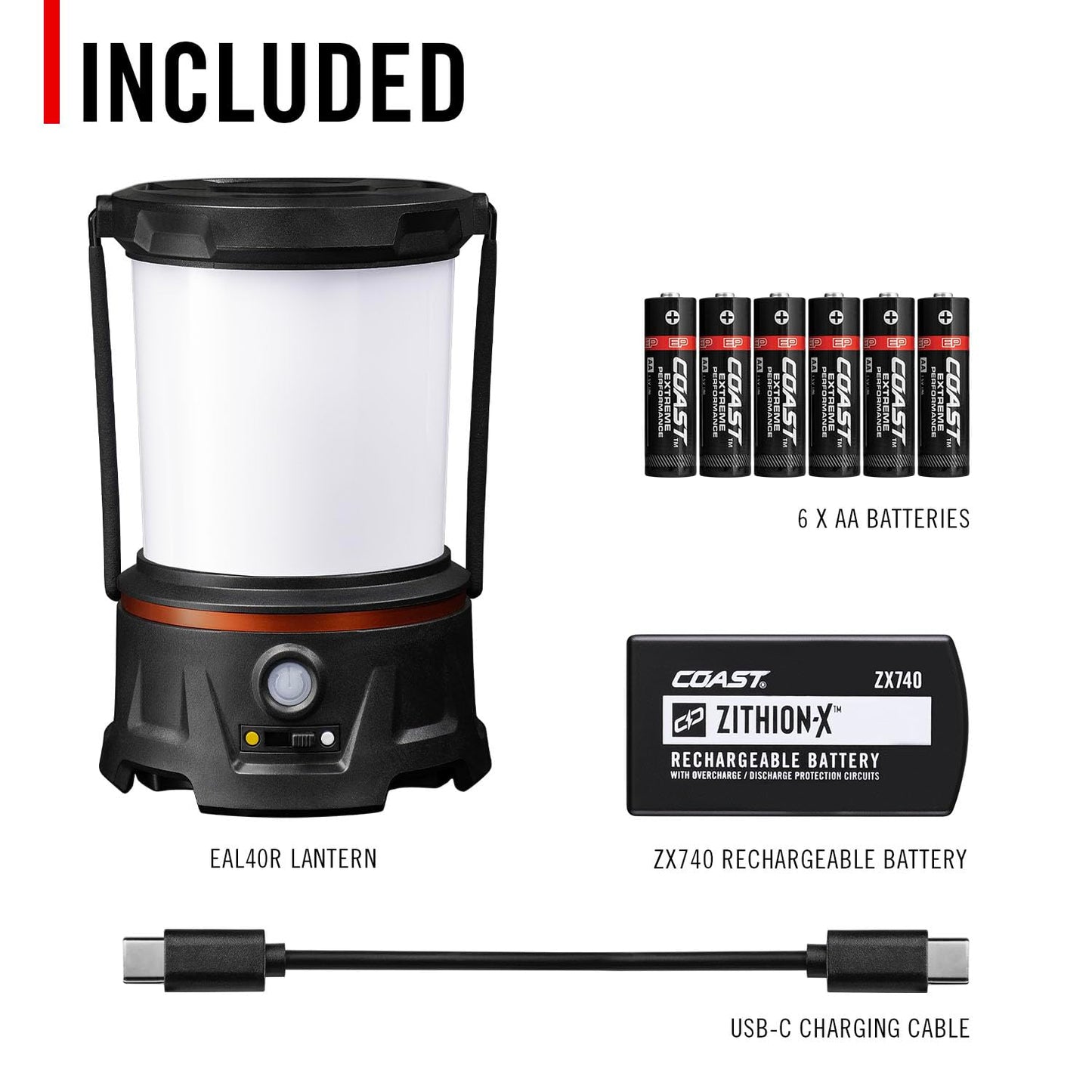 COAST EAL40R 2500 Lumen Rechargeable Emergency Camping Lantern with Red Flashing Mode, Carabiner, Diffuser, Foldeable Handle, Moonglow™ Low Mode, Illuminated Power Button, USB-C Power Bank