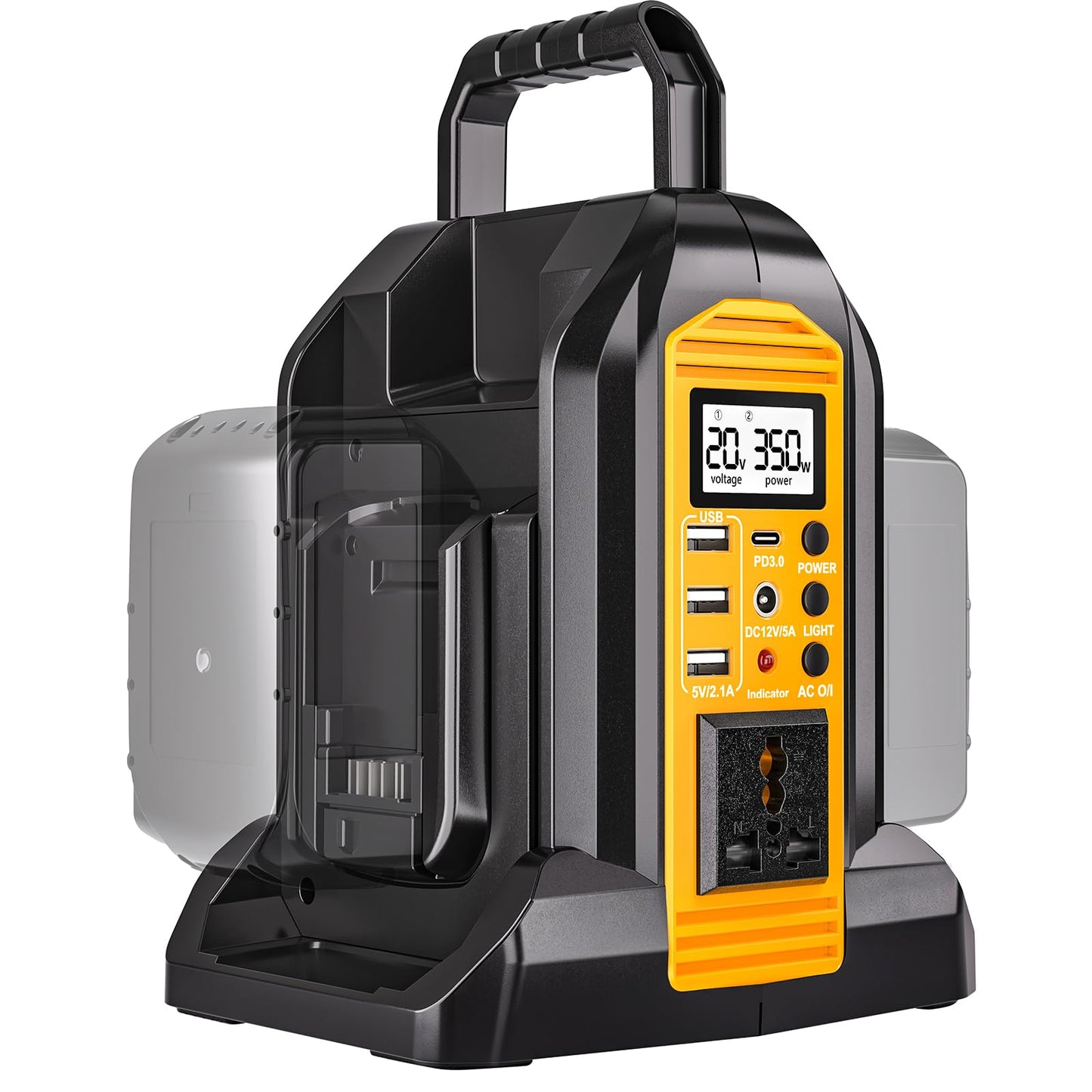 DTEZTECH 350W Power Inverter for Dewalt 20V/60V Batteries, Dual Battery DC 20V to AC 110-120V Pure Sine Wave with 3 USB Ports & LED Work Light, Portable Camping & Emergency Power Station (Tool Only)