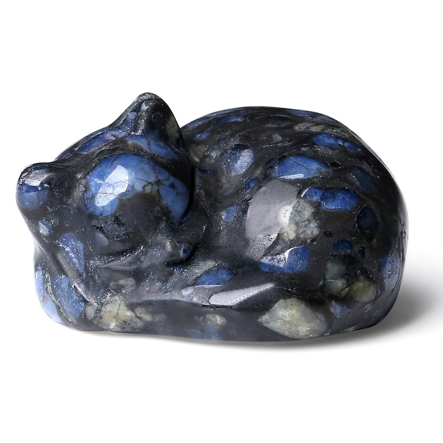 QINJIEJIE Blue Labradorite Cat Crystal Natural Healing Stone Sleeping Cat Statue Stone Figurine 1.6''Carved Polished Gemstones Decors Office Room Home Desk Decoration for Men Women Lovers