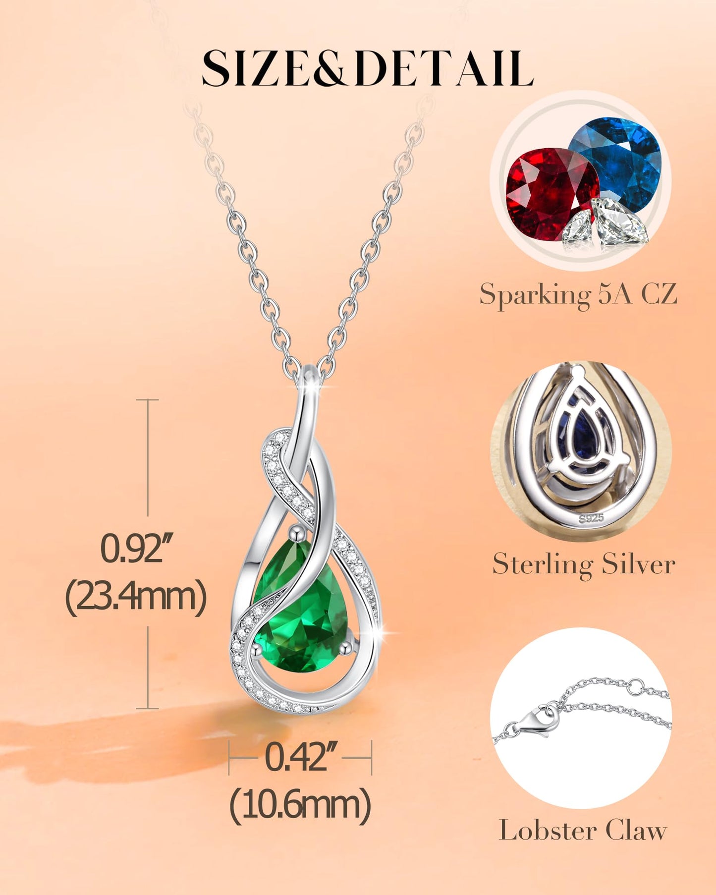 FANCIME Emerald Necklace May Birthstone Sterling Silver Infinity Knot Pendant Necklace Green Gemstone Fine Jewelry Birthday Mothers Day Gifts for Women Mom