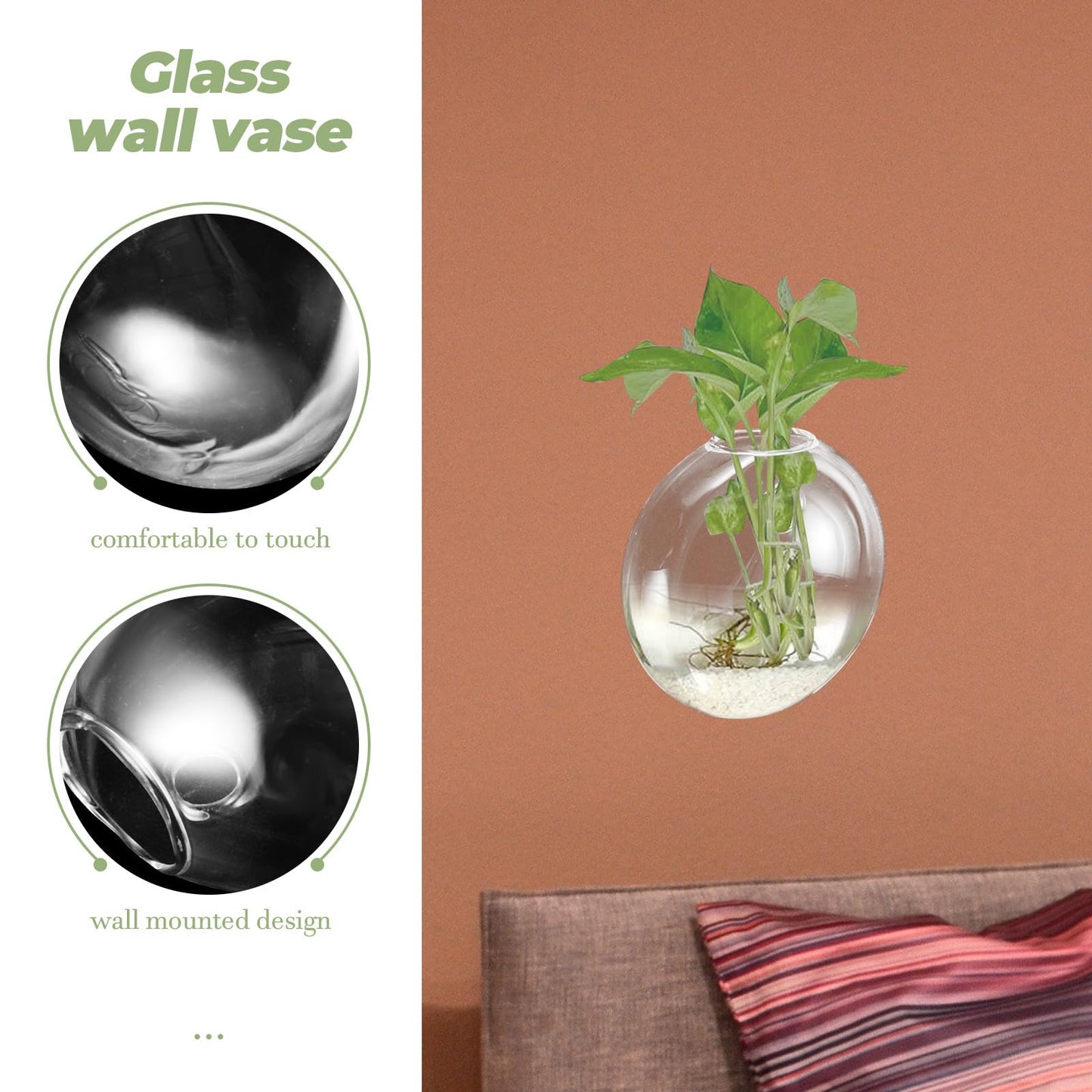 CVUTOVO Wall Mounted Glass Vase for Indoor Plants, Small Hydroponic Planter, Hanging Terrarium Container for Home Décor, 1pcs