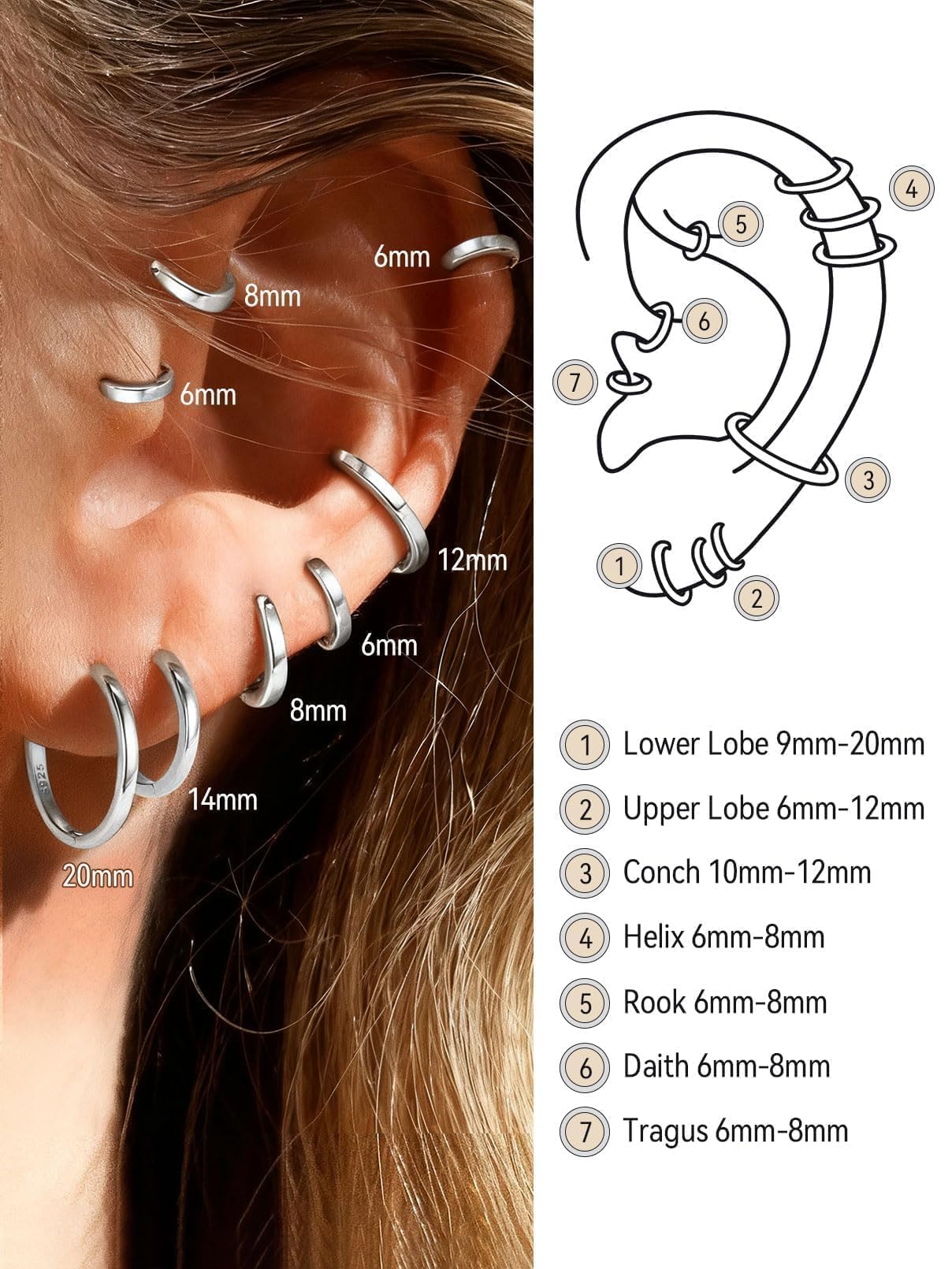 FaithHeart 925 Sterling Silver Huggie Hoop Earrings, Small Silver Hoop Earring for Women, Hypoallergenic Cartilage Earrings for Women 8mm