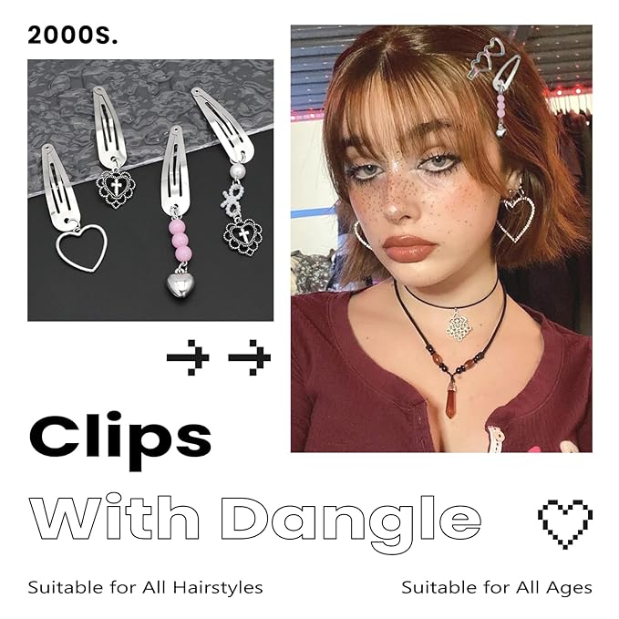 10PCS Heart Hair Clips Y2K Silver Hair Clips Metal Dangle Heart Gothic Barrettes 8 Shapes Cross Punk Hair Accessories for Women