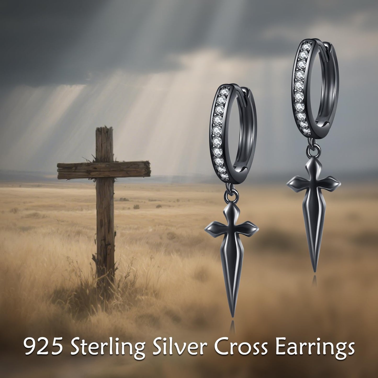 925 Sterling Silver Black Cross Hoop Earrings Dangle Drop Earrings Huggie Gothic Jewelry Birthday Gifts for Women Men (Black Cross Cubic Zirconia)