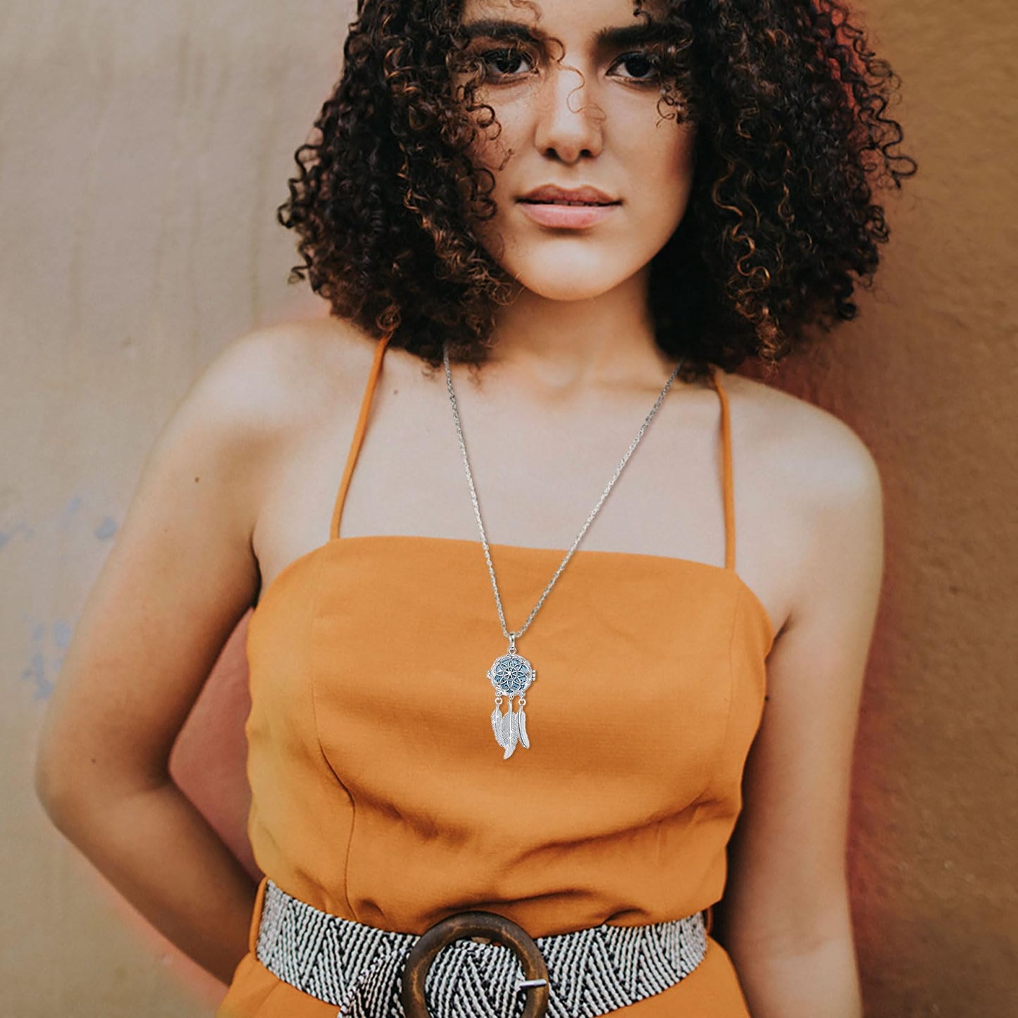 INFUSEU Dreamcatcher Necklace Aromatherapy Gifts Essential Oil Diffuser Lava Rock Stone Pendant Native American Indian Jewelry for Women Dream Catcher Feather Spiritual Meditation Items