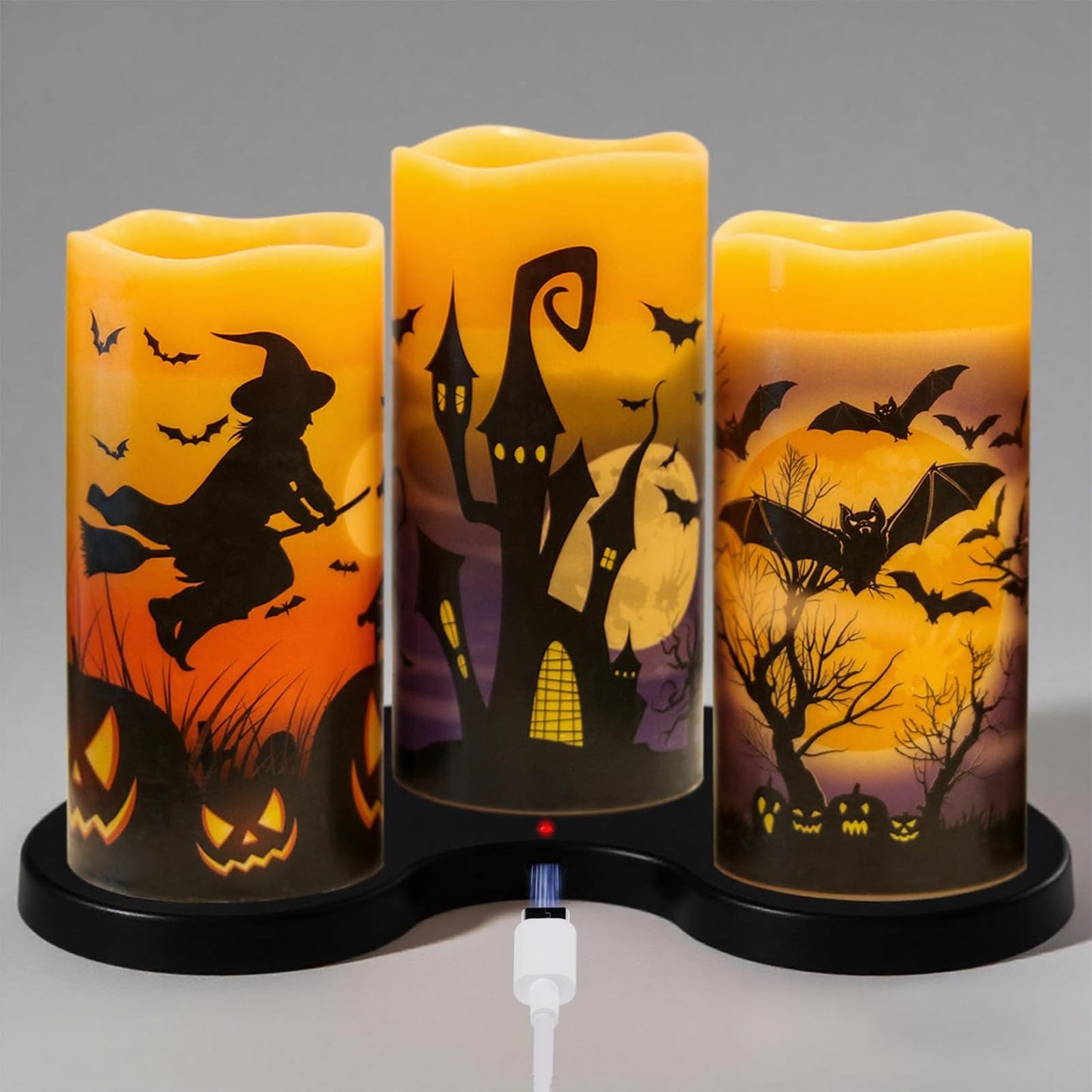 DRomance Rechargeable Halloween Flameless Candles Battery Operated with 6 Hour Timer Real Wax Flickering LED Pillar Candles Bats Witch Pumpkin Dinner Halloween Indoor Deocration(3 Pack, 3" D x 6"" H)"