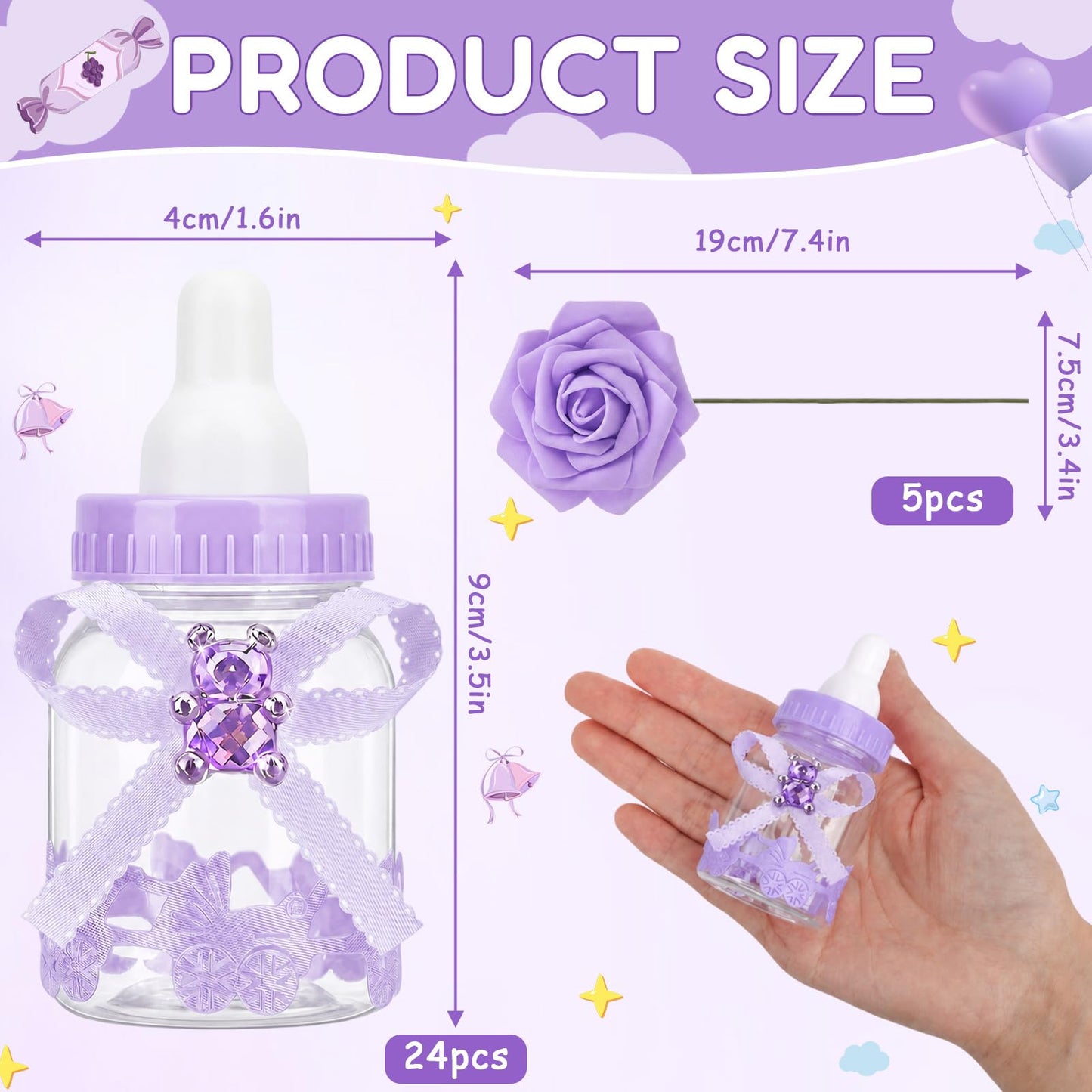 MACTING 2 Dozens 3.5 Inch Feeding Bottle Candy Box with 5Pcs Artificial Flower Rose for Baby Shower Favor Gift Decoration (Purple)