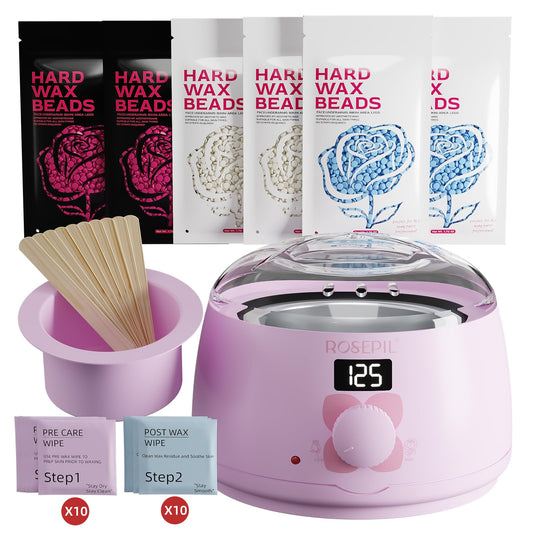 Rosepil Digital Wax Warmer - Beginner-Friendly Waxing Kit with Smart Temp Control, 6 Packs (3 Colors) Wax Beads for Targeted Hair Removal - Ideal for Body, Bikini, face, Home Salon Use