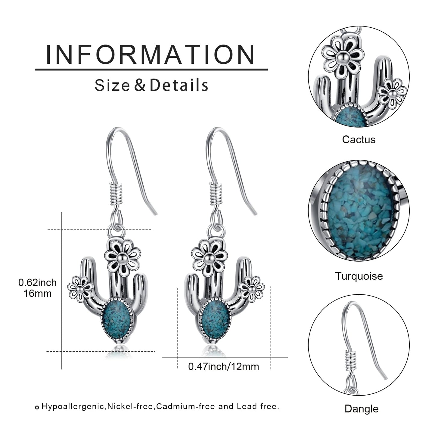 KoyeKei Cactus Earrings for Women 925 Sterling Silver Turquoise Cactus Dangle Drop Earrings Western Country Jewelry Gifts for Plant Lovers