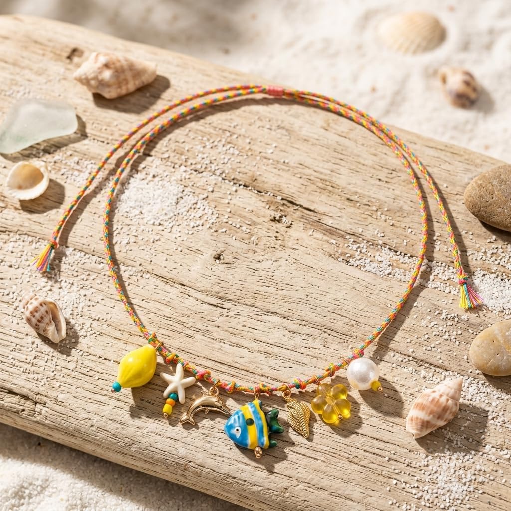 Tyebiva Colorful Beaded Necklace for Women, Summer Beach Seashell Fish Rope Necklace, Chunky Ocean Jewelry Gift for Her, Vacation Party Accessory, Handmade Fashion