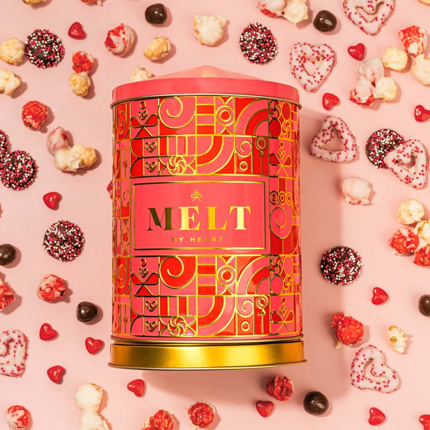 Gift Tin with Assorted Treats, Popcorn, Yogurt Heart Pretzels, Milk Chocolate Caramel Balls, Musical Present for Wife, Girlfriend, Romantic, Mom, Spouse, Plays La Vie En Rose- Bonnie and Pop