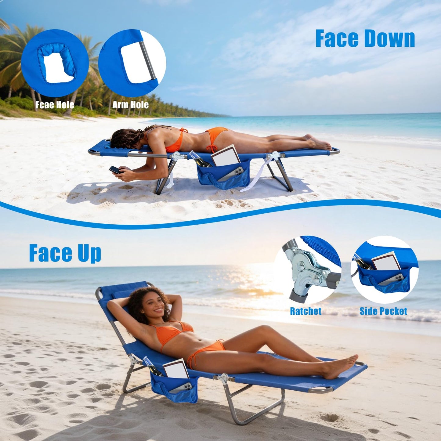 SUNNYFEEL Lay Flat Tanning Chair 2 Pack with Face Down Hole & Arm Slots, Backpack Beach Lounge Chair, 5-Position Folding Sunbathing Chair, 300 LBS Heavy Duty, 72" L x 22" W for Beach, Pool, Camping