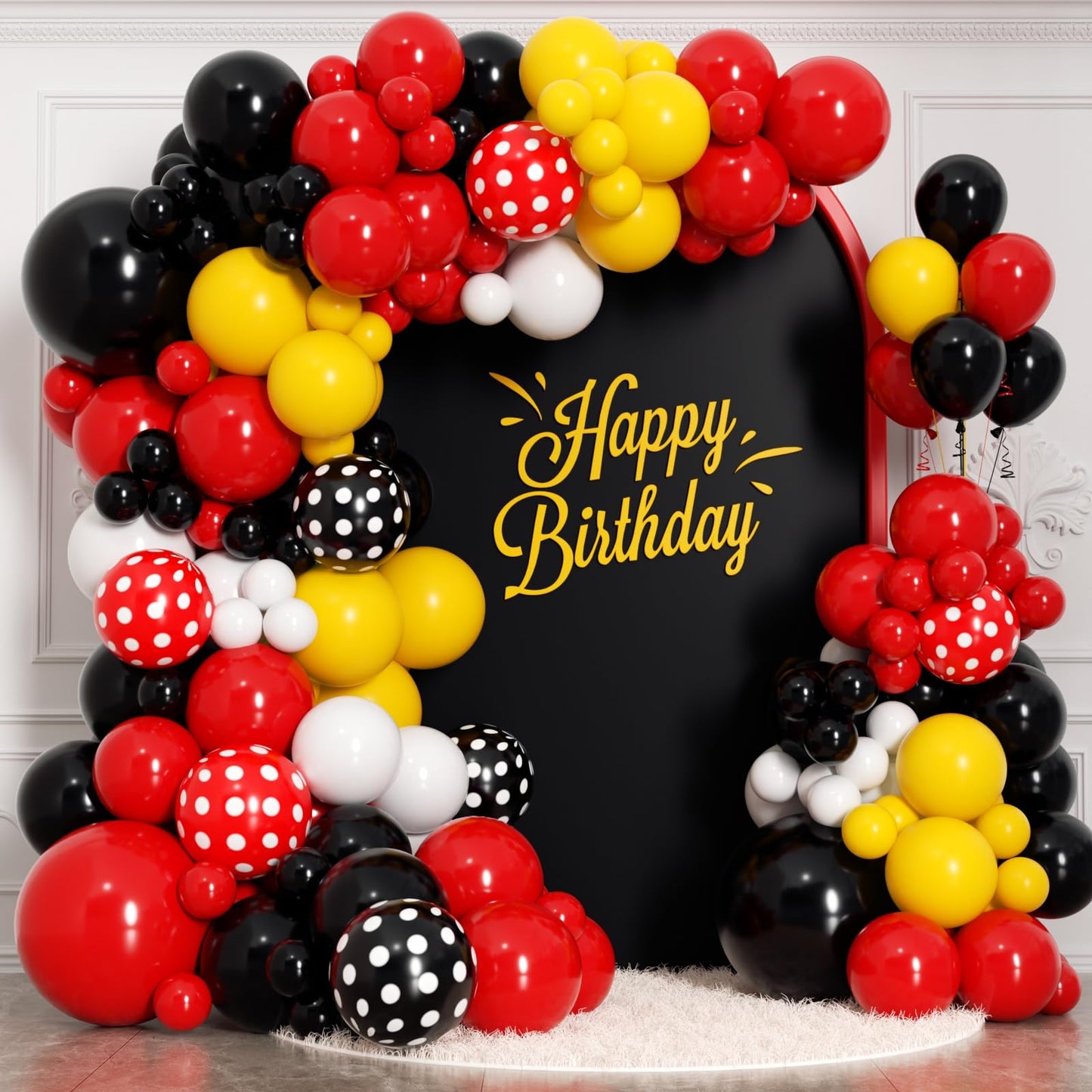 HKYOOD 175Pcs Red Yellow Black Balloon Garland Arch Kit - Cartoon Mouse Theme Party Decorations with 18 12 10 5 Different Sizes Party Balloons for Birthday Anniversary Baby Shower Backdrop Decorations
