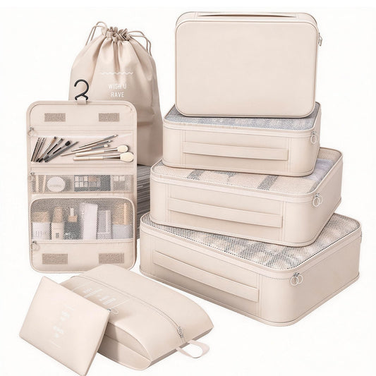 8 Set Packing Cubes for Travel,Suitcase Organizer Bags for Luggage with Shoe & Hanging Toiletry Bag, Vacation Essentials & Accessories for Cruise Ship, Airplane Must-Have,Road Trip & Camp Gifts(Cream)