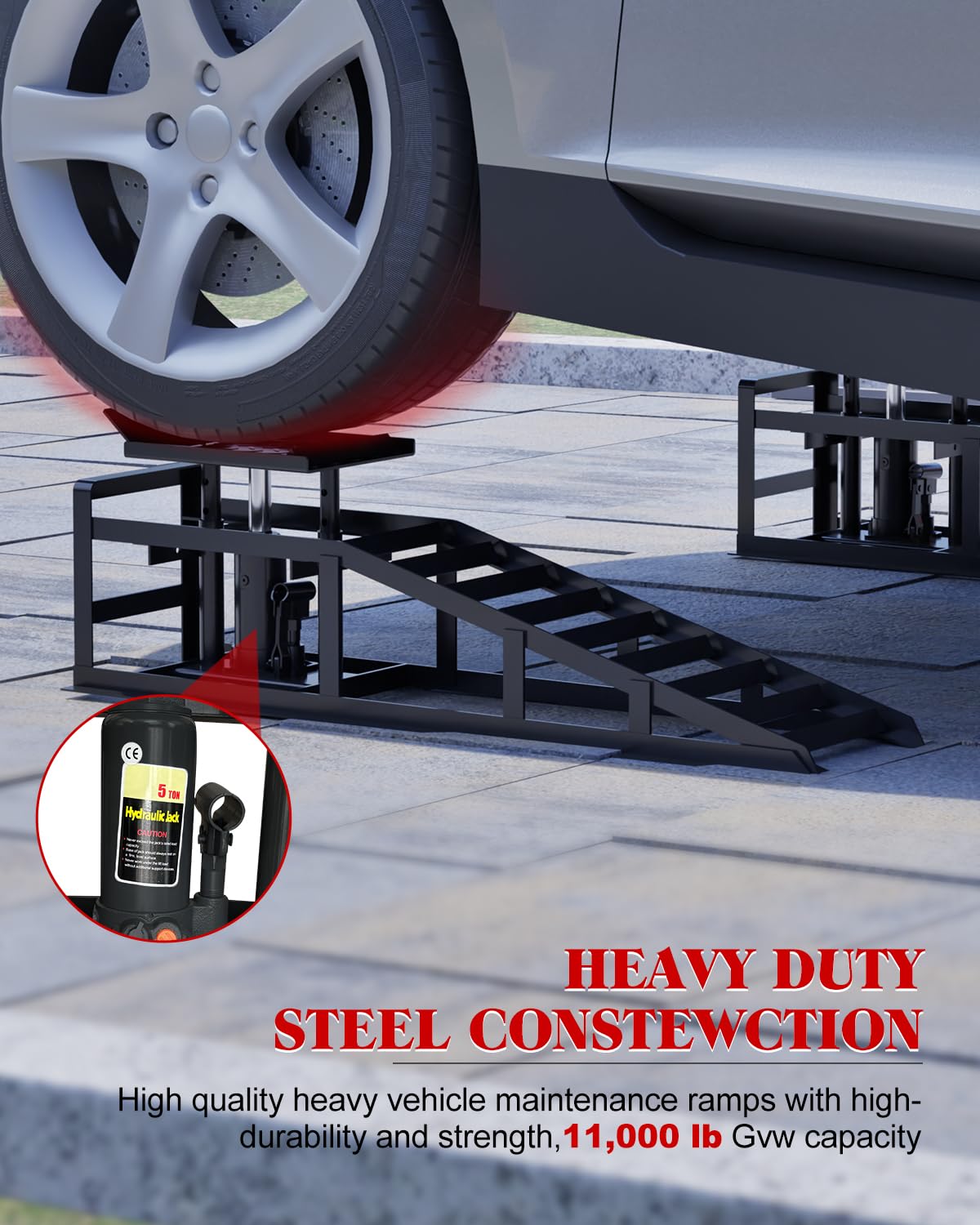 Hydraulic Car Ramps 5 T 11000 LBS, 2 Pack Heavy Duty Steel Car Ramps Lift Height 11.61 in-16.21 in, Low Profile Car Lift Service Ramps Truck Trailer Garage