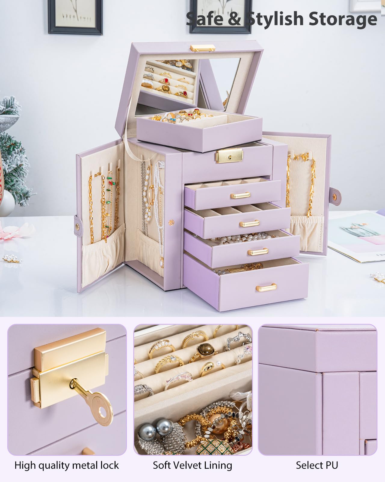 AKOZLIN 5-Tier Jewelry Box Leather Jewelry Storage Organizer with 4 Drawers Lockable for Women Girls Ring Necklace Earring Bracelet Watches Holder with Mirror Purple