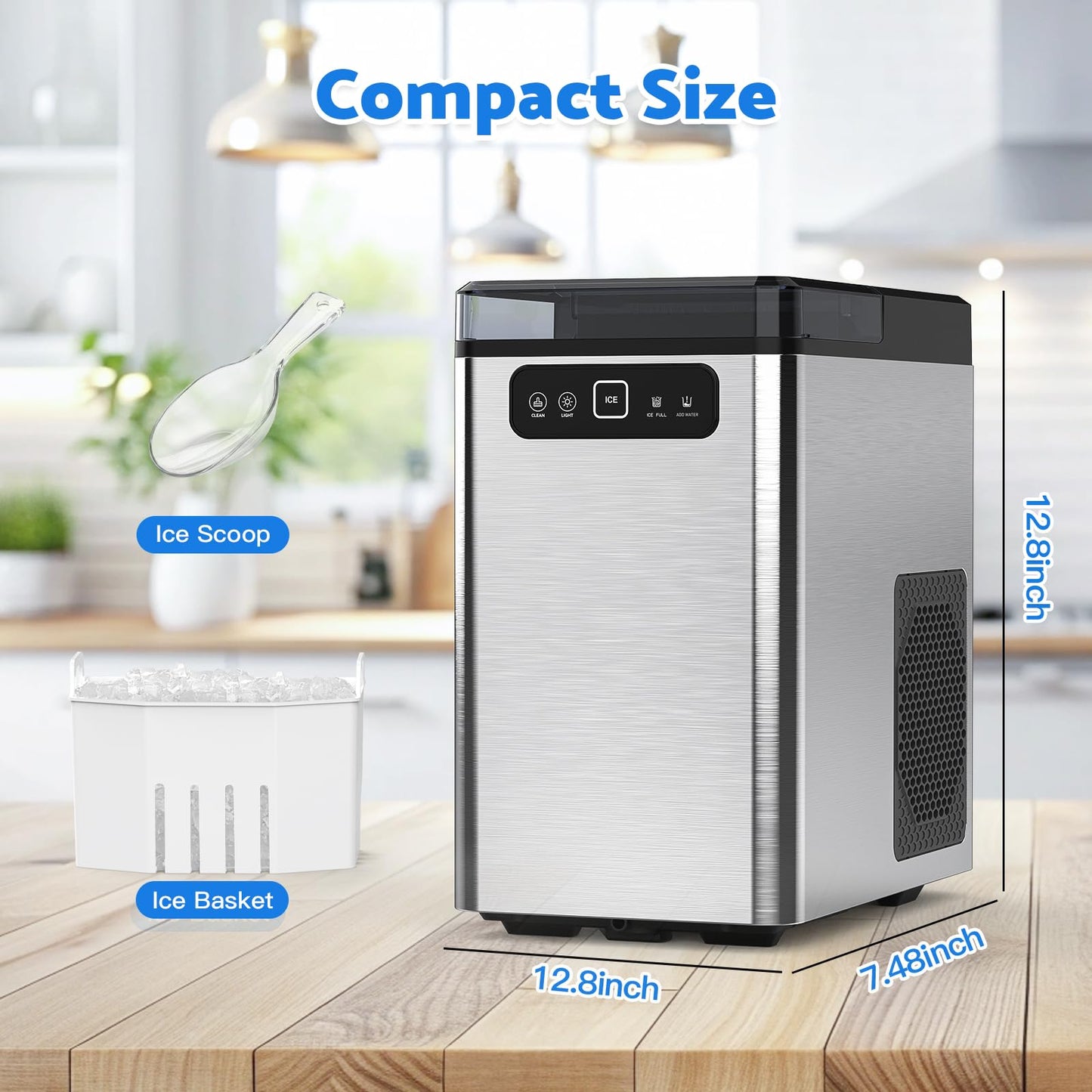 MOMOKOVA Nugget Ice Maker Countertop,Pellet Ice Machine Chewable Ice 40Lbs/Day,Ready in 5 Mins, Self-Cleaning,Compact Crushed Ice Maker with Scoop for Home/Kitchen/Office, Stainless Steel