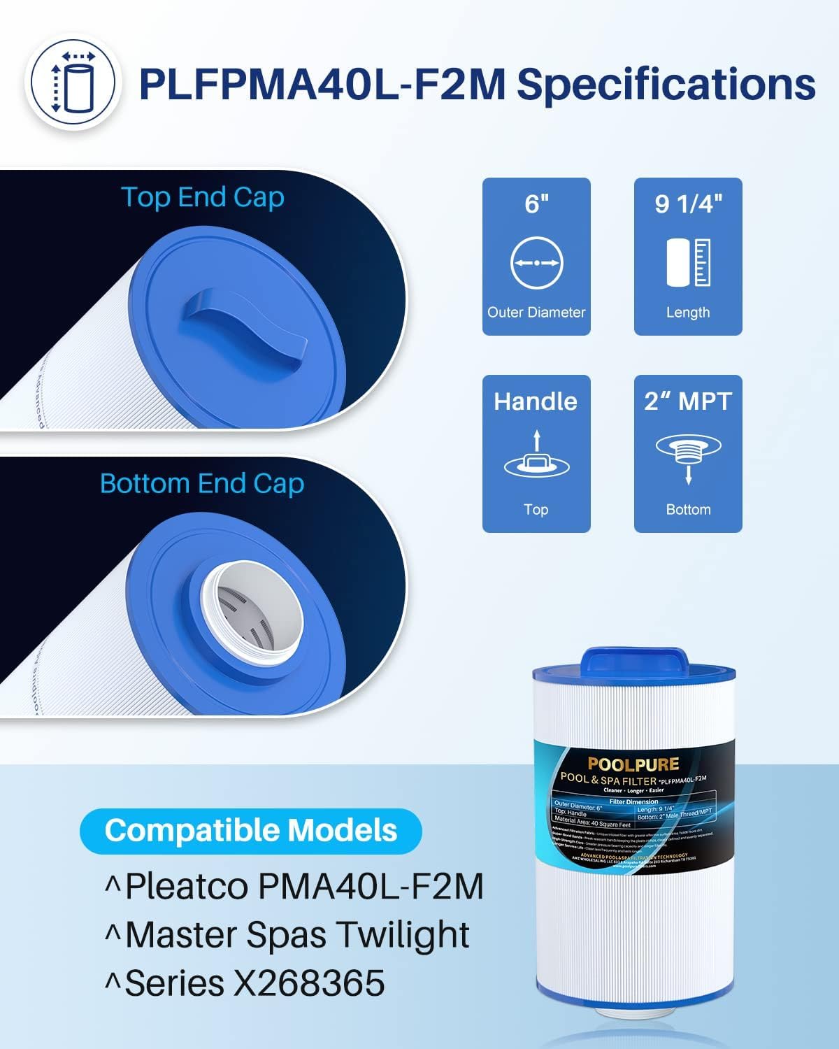 POOLPURE Replacement Spa Filter for PMA40L-F2M, Master Spas Twilight X268365, X268543, Unicel 6CH-402, 2" Male Thread/MPT Hot Tub Filter (2)