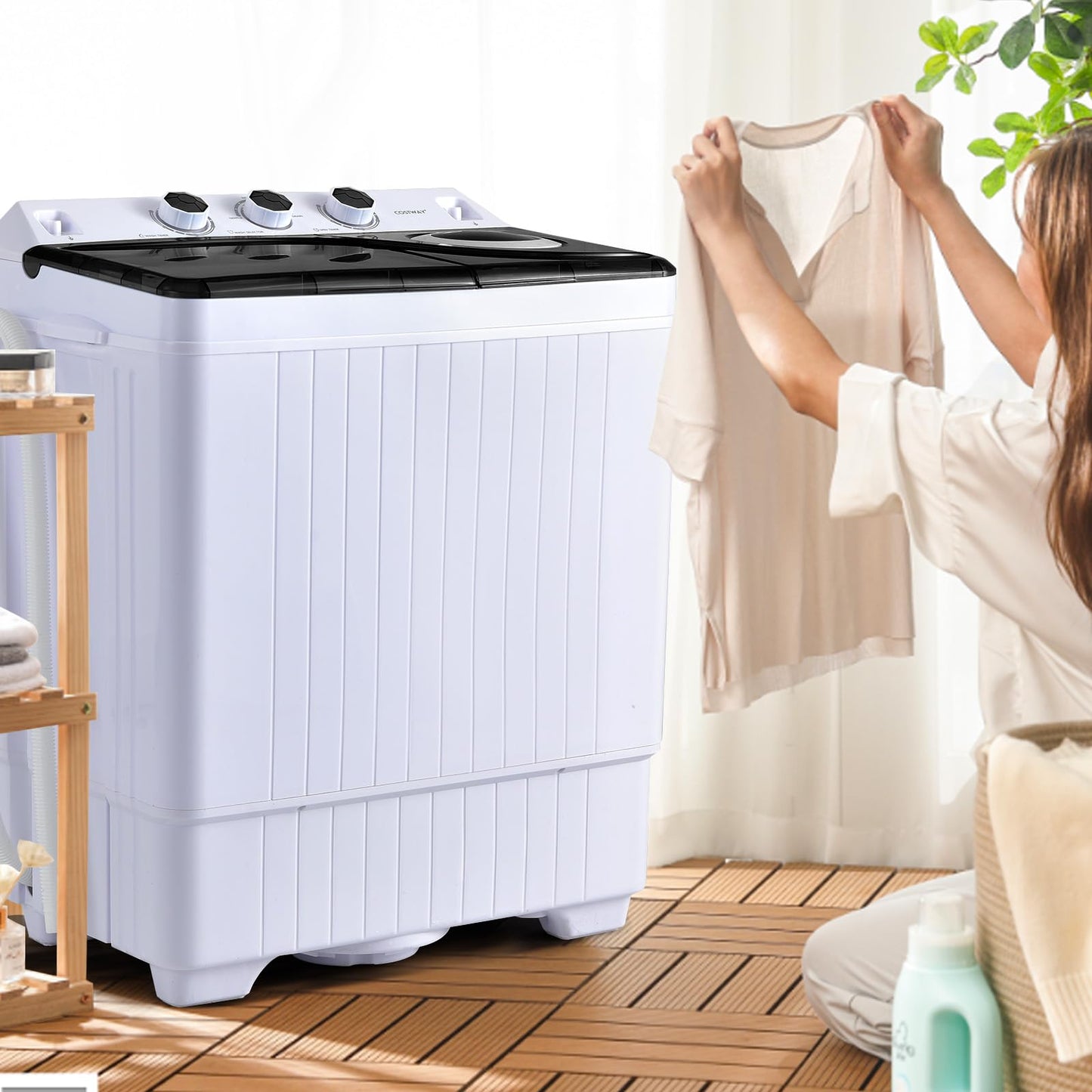 COSTWAY Portable Washing Machine, 2-in-1 Twin Tub 26lbs Capacity Laundry Washer(18lbs) and Spinner(8lbs) with Control Knobs, Timer Function, Drain Pump, Perfect for Home Apartment RV, Black