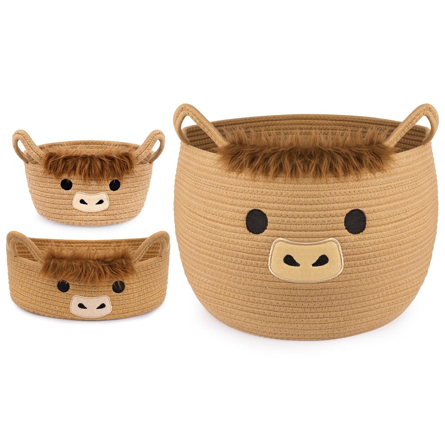 Hkojewp 3Pack Highland Cute Cow Storage Baskets Set for Nursery- Small, Oval, Large Woven Gift Basket, Rope Cotton Bins with Handles, Baby Laundry 0rganizer Shower Towel Blanket Clothes (9/12/15In)