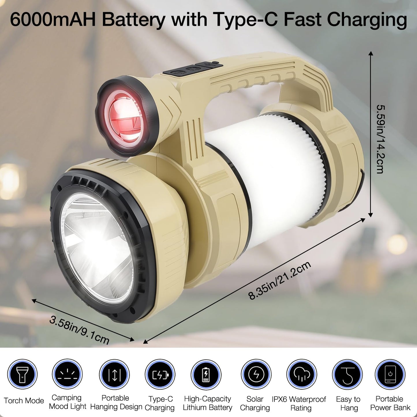 Rechargeable LED Lantern, Camping Essentials, 800LM, Hanging Solar Charging，9 Light Modes, IPX6 Waterproof, Lantern Flashlight for Hurricane Emergency, Hiking, Home and More, USB Cable Included