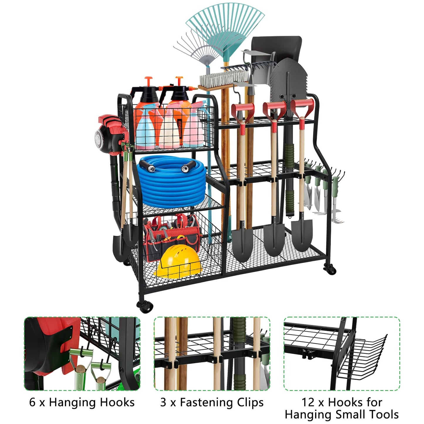 WaifaYie Garden Tool Organizer with 4 Wheels, Garden Tool Rack with 2 Storage Basket, 3 Tier Heavy Duty Utility Garden Tool Storage with 12 Hooks for Yard/Garden/Shed/Garage/Basement/Lawn