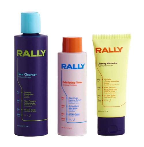 RALLY Clean Plant Powered Daily Face Routine | Healthy Skin Essentials | Teens + Athletes All Skin Types | Face Cleanser 6oz, Exfoliating Toner 4oz, Clearing Moisturizer 2oz