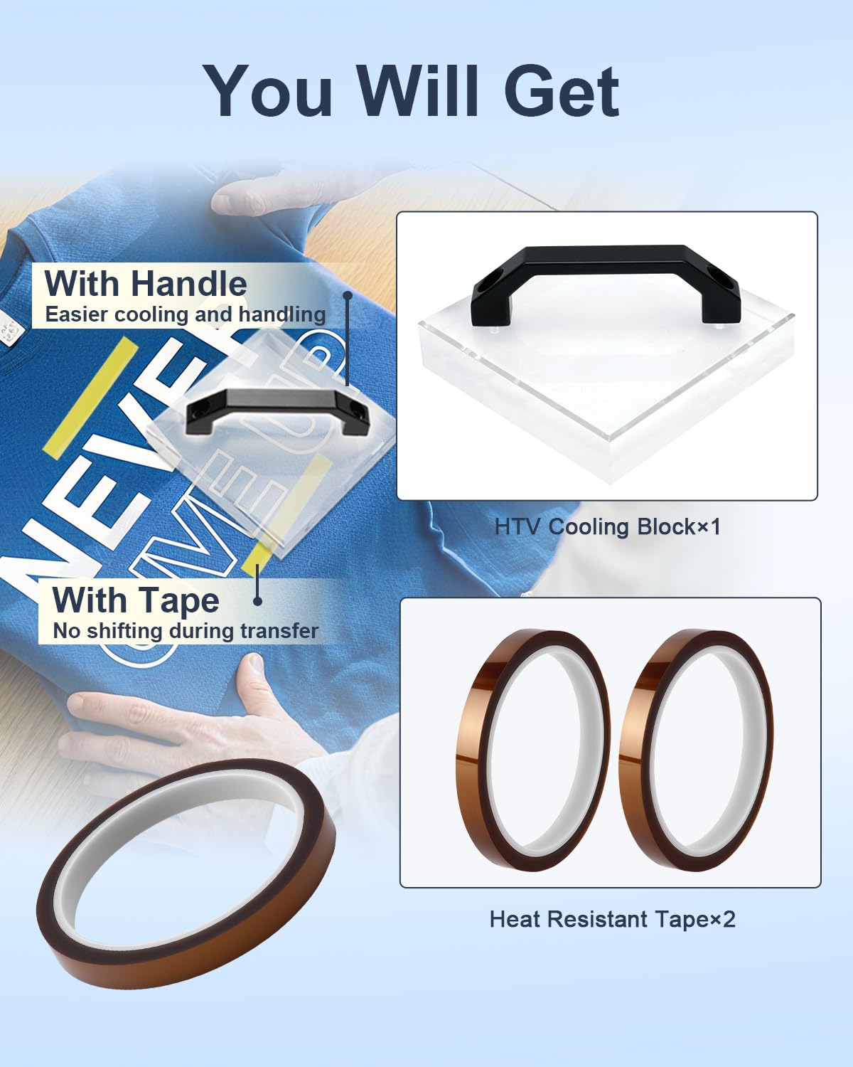 UCEC HTV Cooling Block & 2 Rolls Heat Resistant Tape, DTF Cooling Block for Heat Press with Handle, Heat Press Accessories for Sublimation Paper, Heat Transfer Vinyl, Iron on Vinyl,Heat Transfer Paper