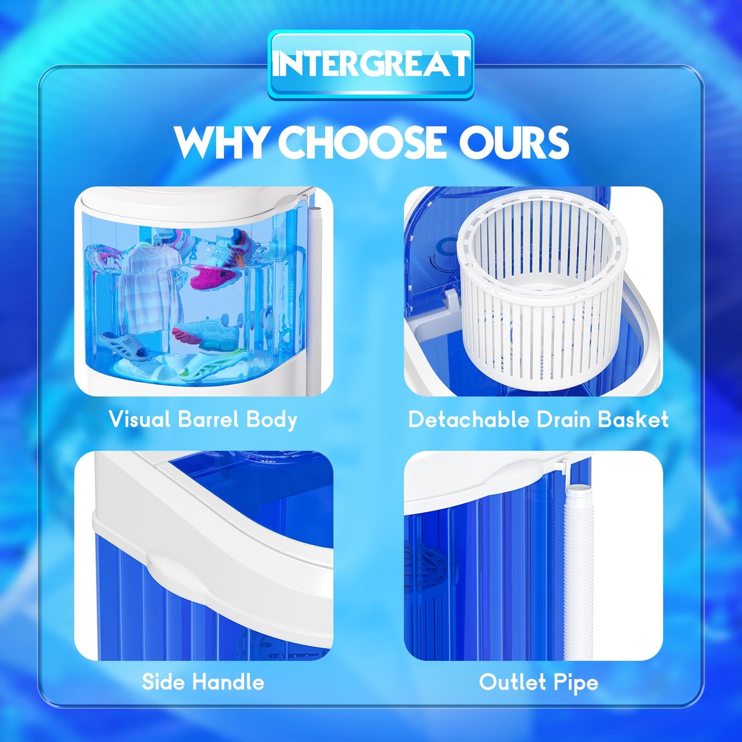 INTERGREAT Portable Washing Machine, 6.6 Lbs Mini Washer Machine Compact, 110V Single Tub Semi-Automatic Portable Laundry Washer Machine for Apartments, RV, Dorms, Traveling, Blue