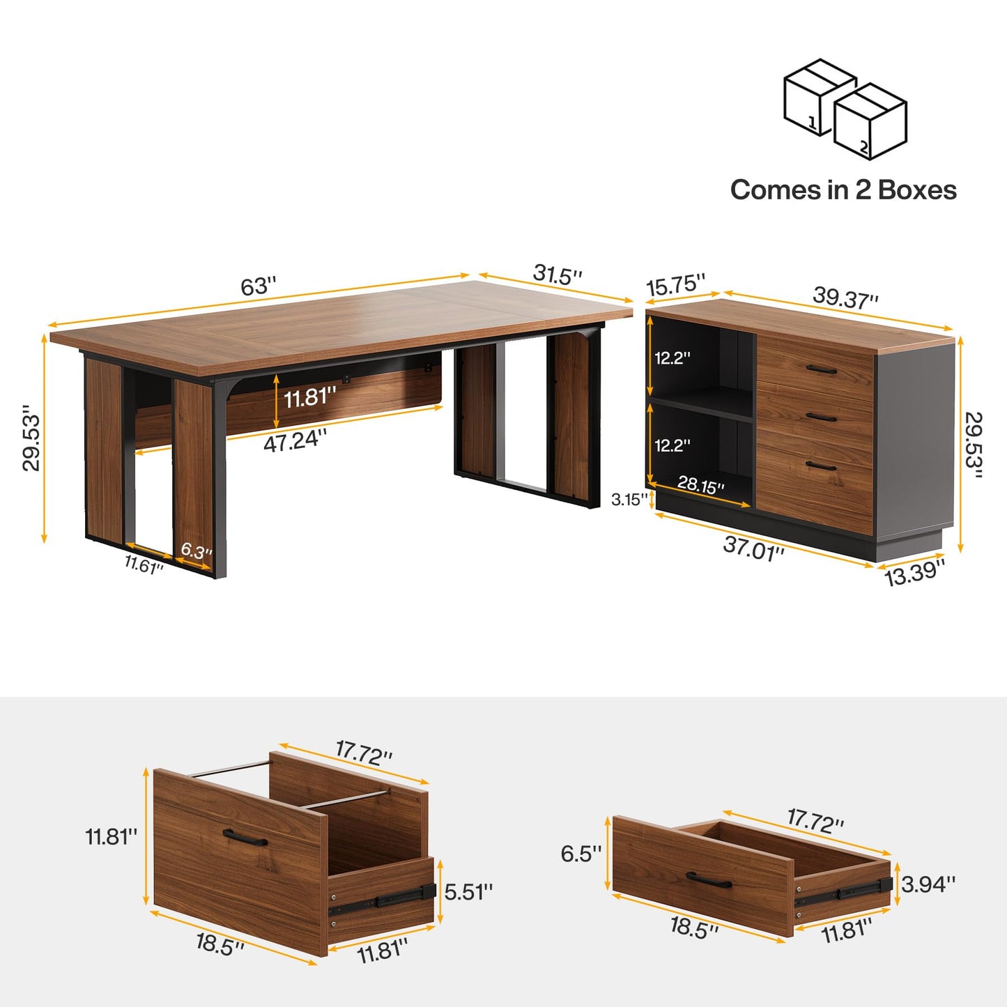 Tribesigns 63‘’ L-Shaped Executive Desk, Office Table with 47-Inch Drawers Cabinet, Large Computer Desk with Storage Shelves, Business Furniture Set for Home Office, Brown & Black