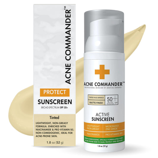 Acne Commander Mineral SPF 50 Face Sunscreen for Acne-Prone & Sensitive Skin — Zinc Oxide, Non-Comedogenic, No White Cast — Tinted, Broad Spectrum, Fragrance-Free, Lightweight Daily, ~52g