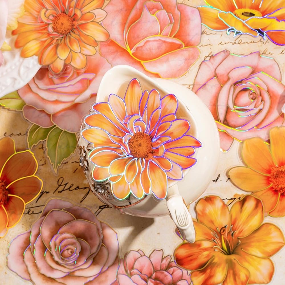 80 Pcs Big Size Flower Stickers with Gold Metallic Outlines, 8 Packs Holographic Iridescent Foiled Floral Sticker Decals for Scrapbooking Bullet Junk Journals Card Making Laptop Cup Adult