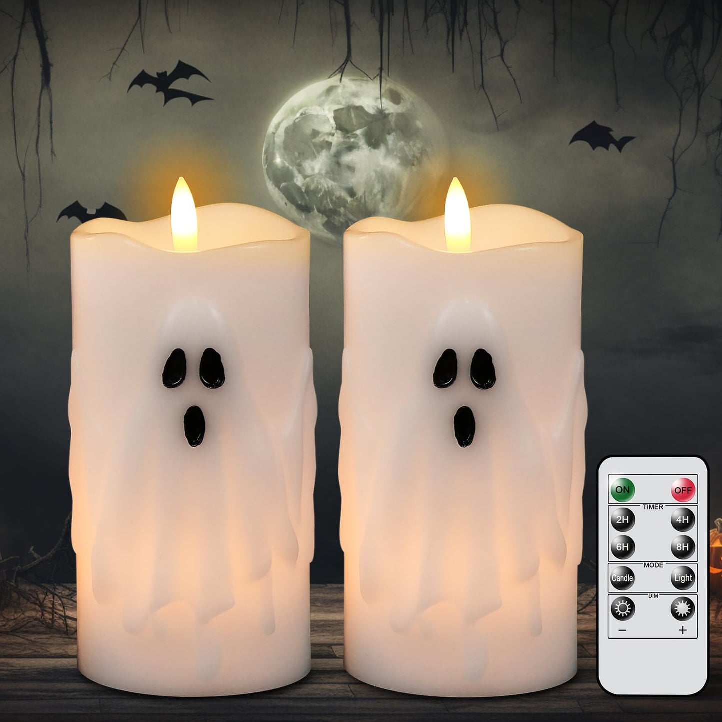 Eldnacele Spooky Ghost Halloween Flameless Candles Battery Operated with Remote & Timer Set of 2 LED Flickering Pillar Candles White Real Wax 3D Wick Long Lasting Home Indoor Decor (3" D x 6.5"" H)"