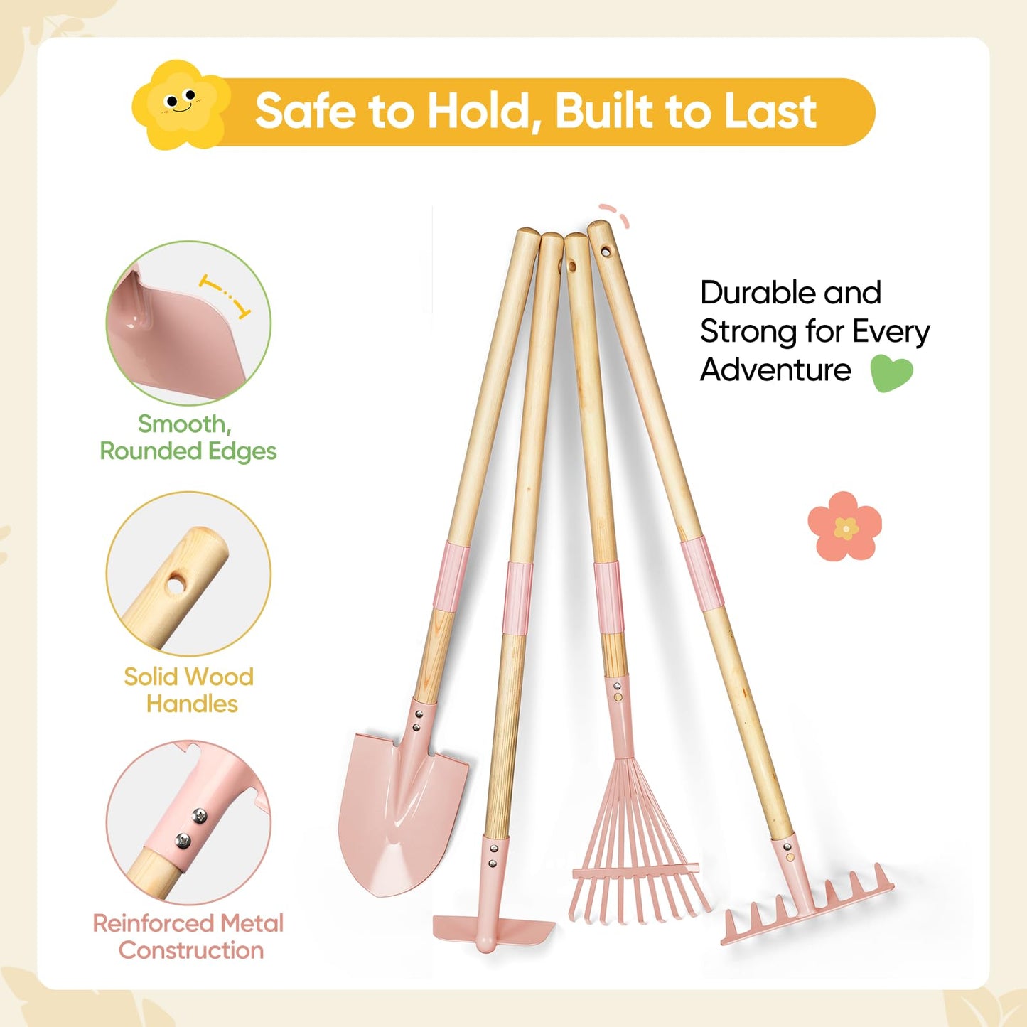 Grenebo Kids Gardening Set with Wheelbarrow, 11-Piece Outdoor Yard, Beach, STEM Garden Play Kit with Child-Sized Tools, Durable, Safe & Fun Gift Toy for Ages 2+ Kids Toddlers Boys Girls (Pink)
