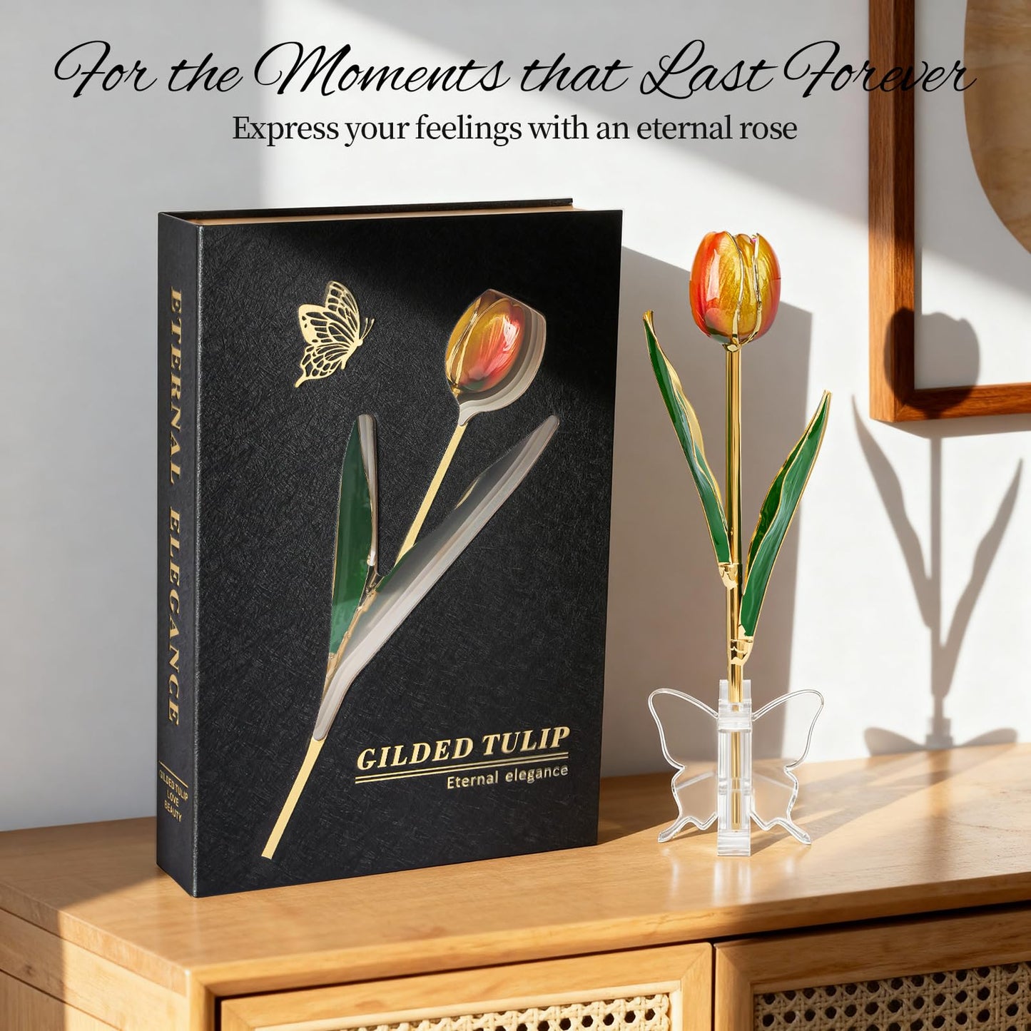 Mikasol 24K Gold Dipped Real Tulip – Amber Glow, Warm Forever Flower with Book-Style Gift Box & Butterfly Stand, Perfect for Her, Wife, Mom, Birthday, Anniversary