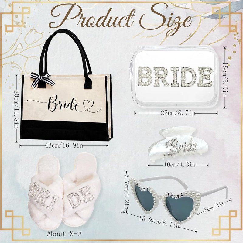 Bridal Shower Gifts Set - 5-Piece Bride Bag, Cosmetic Bag, Sunglasses & Slippers | Perfect for Weddings & Bachelorette Parties