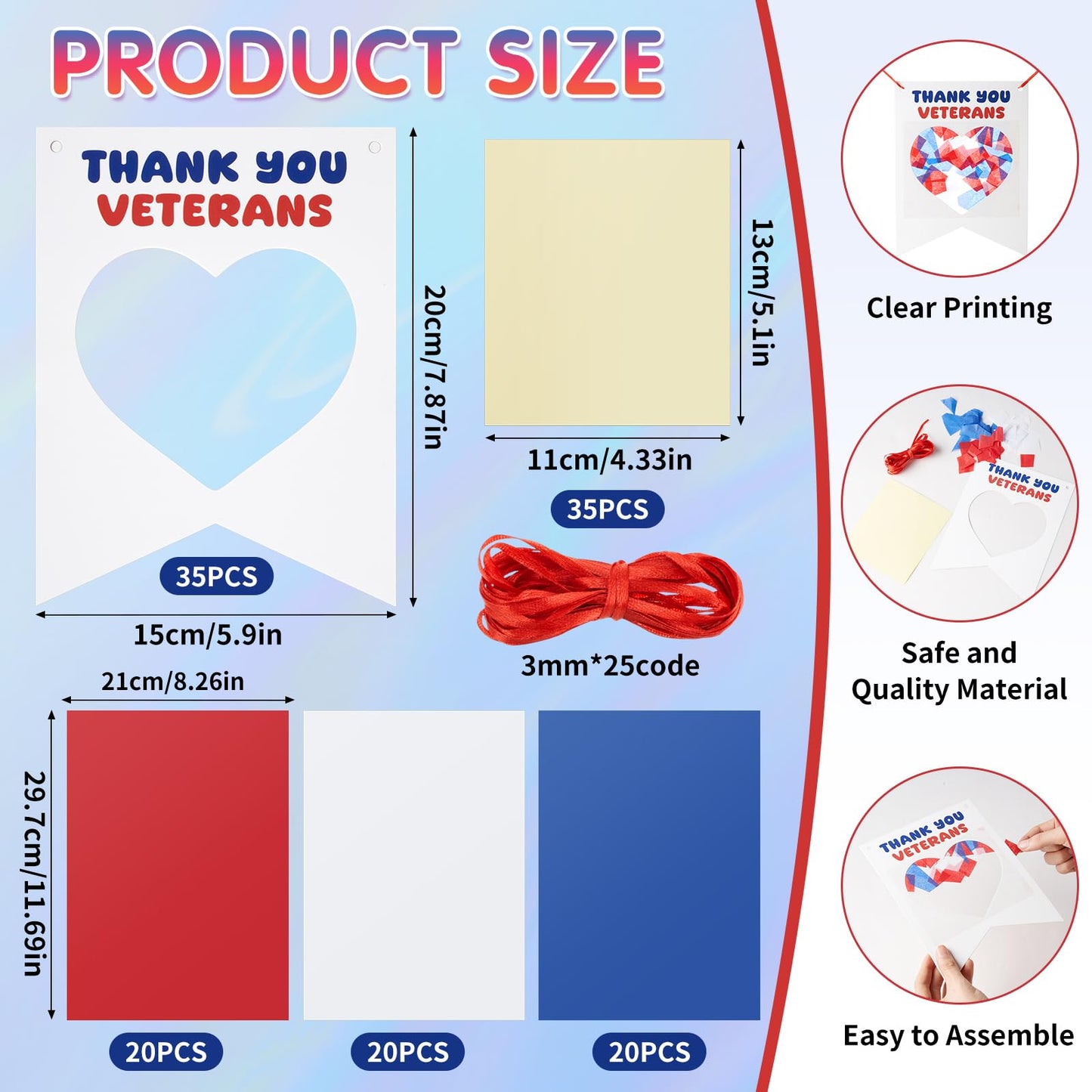 Motipuns 35 Sets DIY Veteran's Day Paper Crafts Thank You Veterans Tissue Paper Craft Kit Veterans Day Banner Decoration for Classroom Activities Military Patriotic Themed Activities