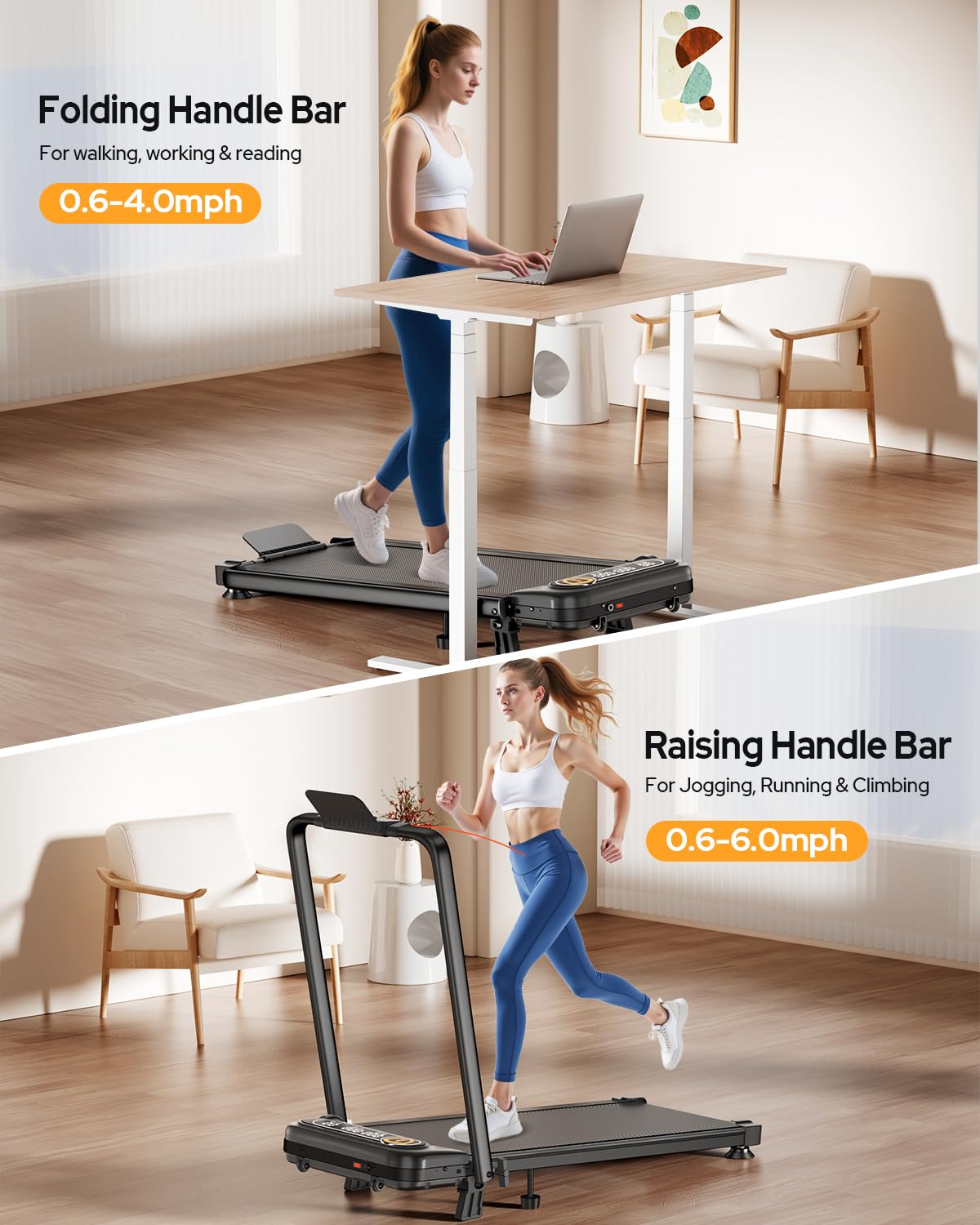 Foldable Treadmill with 10% Incline, Upgrade 3.5HP Low Noise Walking Pad Treadmill with Handle Bar, Trisomy 4 in 1 Portable Under Desk Treadmills for Home/Office, 350Lbs Capacity, APP & Remote Control