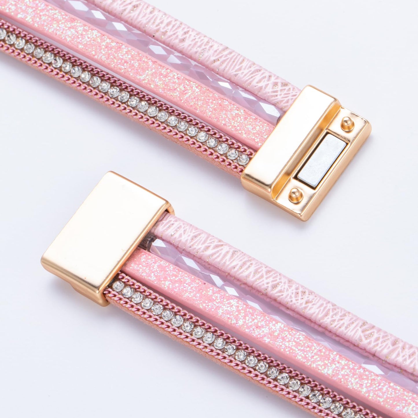 FANCY SHINY Boho Leather Wrap Bracelet Stackable Chunky Crystal Cuff Bracelets with Magnetic Clasp Cowboy Cowgirl Western Summer Beach Outfits Jewelry Gifts for Women (7.7", Pink)