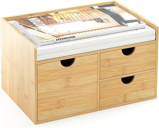 Wisuce Desk Organizer with Drawers - Bamboo Desktop Organizer Storage Natural Wood Desk Drawers Organizer for Bills, Office Supplies, Cosmetics, Seals No Assembly Required 3 Drawersï¼left-right)