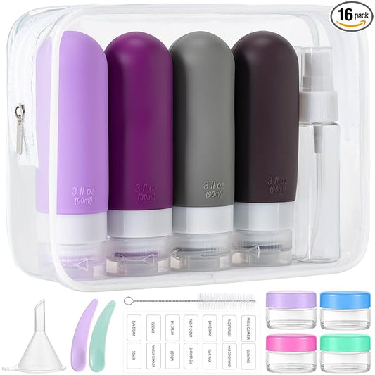 16pack Travel Bottles for Toiletries, TSA Approved LeakProof Squeezable Silicone Toiletry Containers for Shampoo, Conditioner, 3oz Portable Refillable Traveling Size Liquid Containers (16Pcs/Purple）