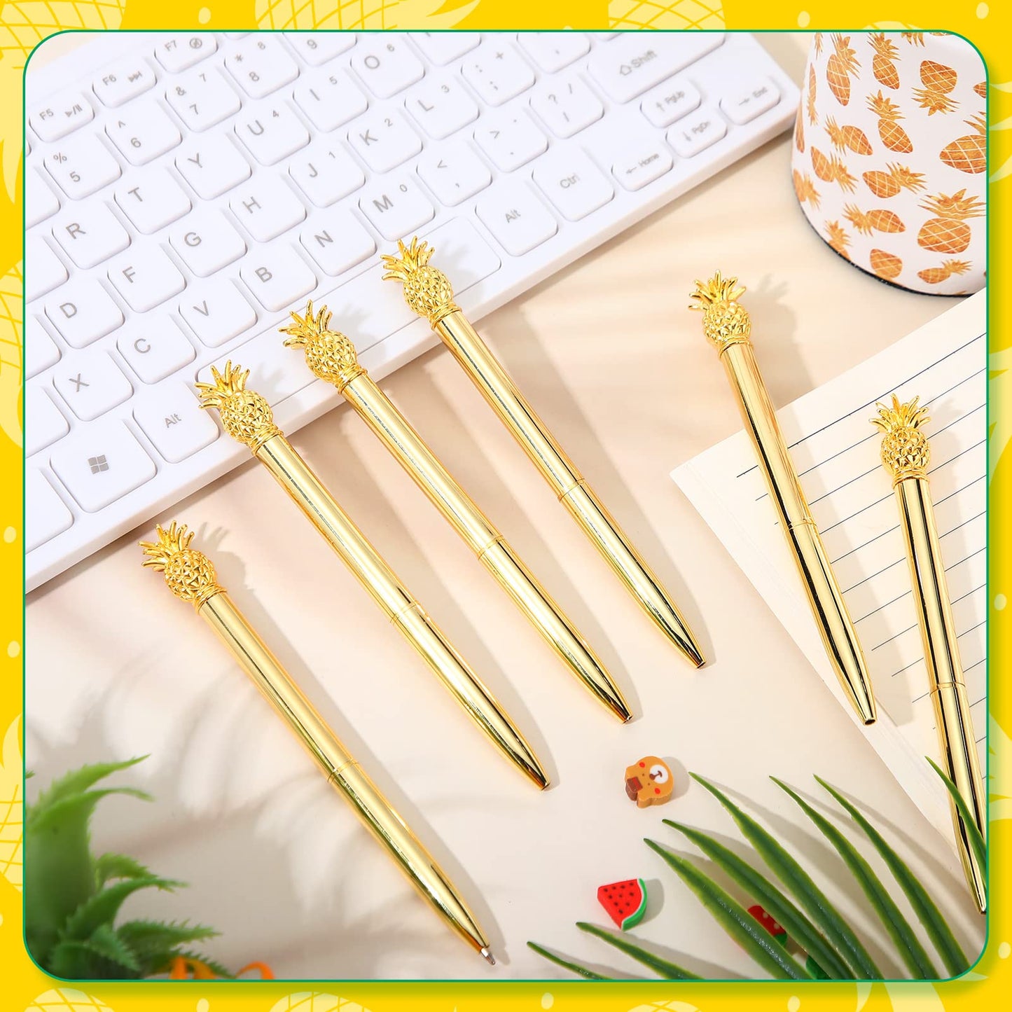 BBTO Pineapple Pen Holder with 6 Pcs Pineapple Shaped Pens Gifts Ballpoint Black 0.5mm Gel Ink Pen for Pencil Cups for Women Girls Desk Organizer Makeup Brush Holder Classroom Offices Home(Gold)