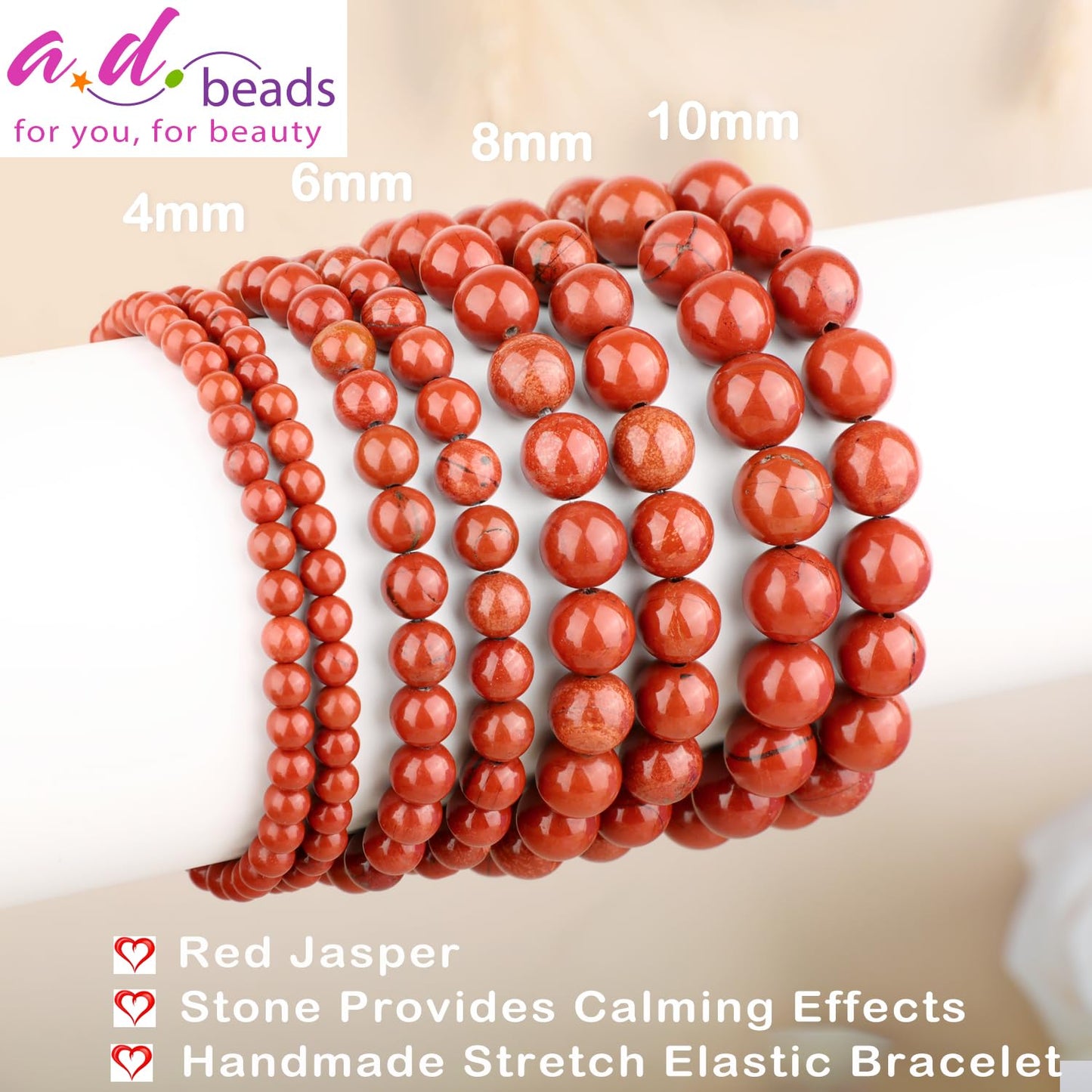 AD Beads 8mm Handmade Red Jasper Elastic Bracelet – Natural Gemstone for Stone provides Calming Effects – Meditation, Yoga, Healing and Energy Gift for Men Women