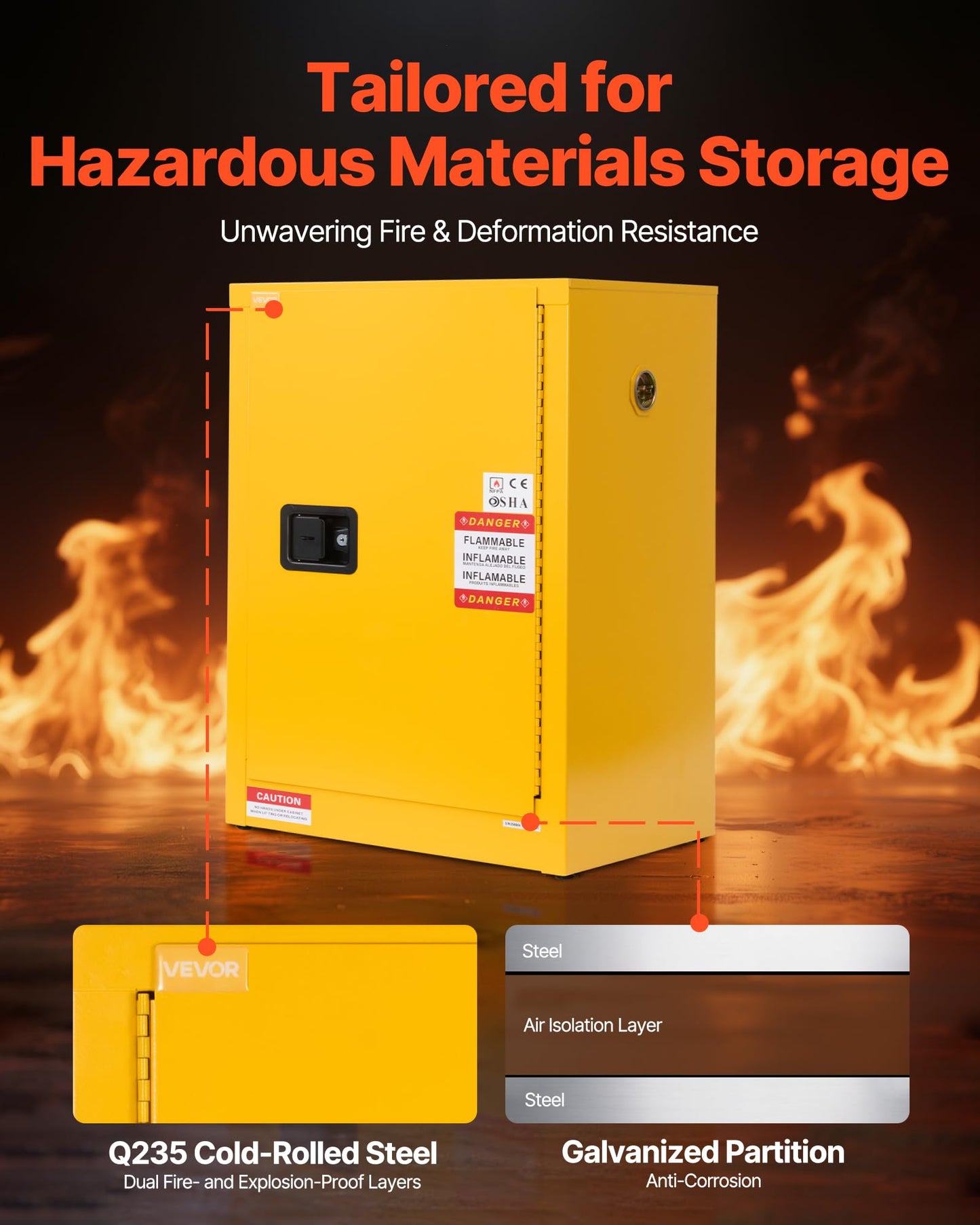 VEVOR Flammable Cabinet 18" x 24" x 65", 13 Gallon Flammable Storage Cabinet with Adjustable Shelf, Cold-Rolled and Galvanized Steel Fire Cabinets, for Commercial Industrial Home Use, Yellow
