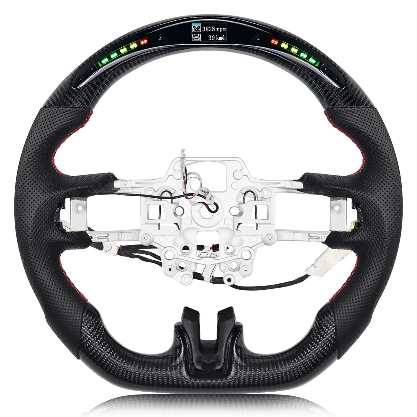 VOONKE Real Carbon Fiber Steering Wheel D-shaped With stitching Led Nappa Perforated Leather Flat-bottom Steering Wheel With heating function For Mustang EcoBoost/GT/Shelby GT350/GT350R 2018-2023