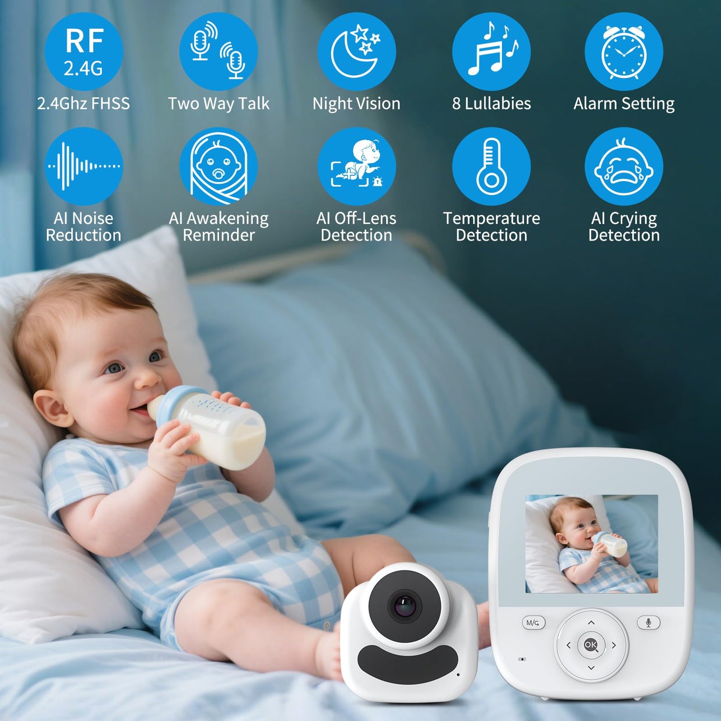 VIZOLINK Baby Monitor with Camera and Audio, 2.8" Video Baby Monitor with Secure Transmission No WiFi, Night Vision, Temperature Sensor, Two-Way Talk, Al Off-Lens Detection, Feeding Reminder
